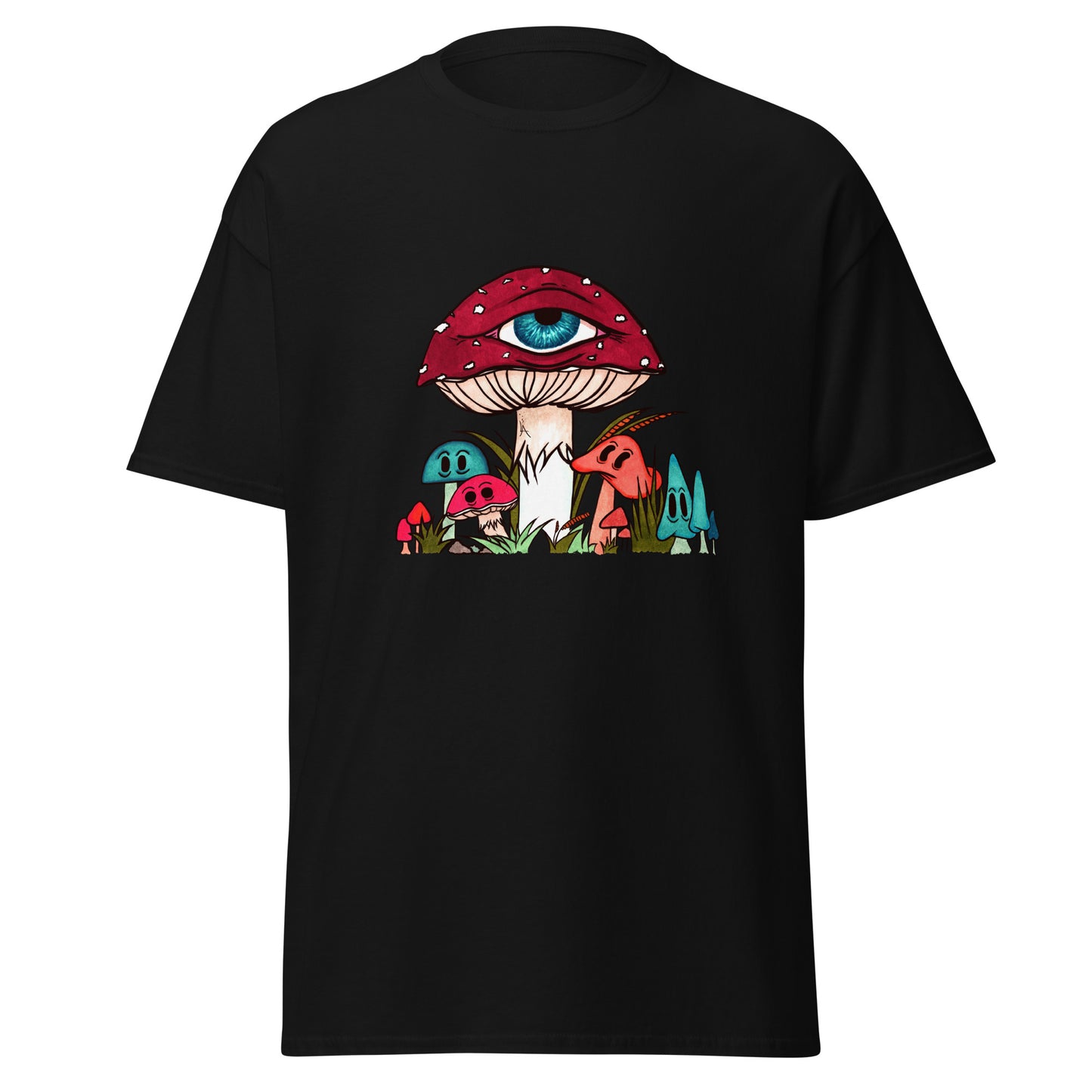 black tshirt red and white toadstool mushroom with all seeing eye smaller surrounding blue orange and red mushrooms