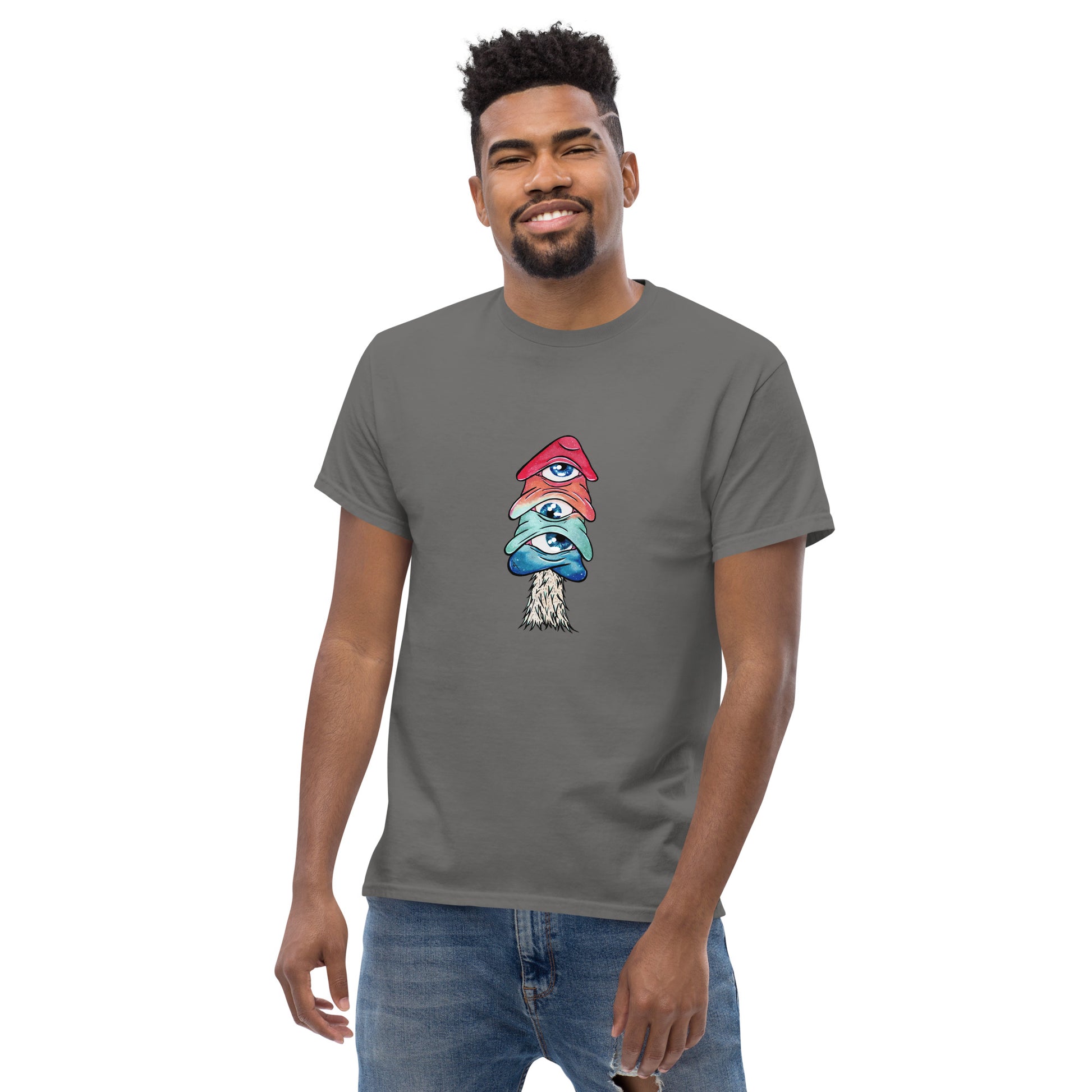 male wears charcoal crew neck tshirt mushroom with 3 eyes in pink green and blue