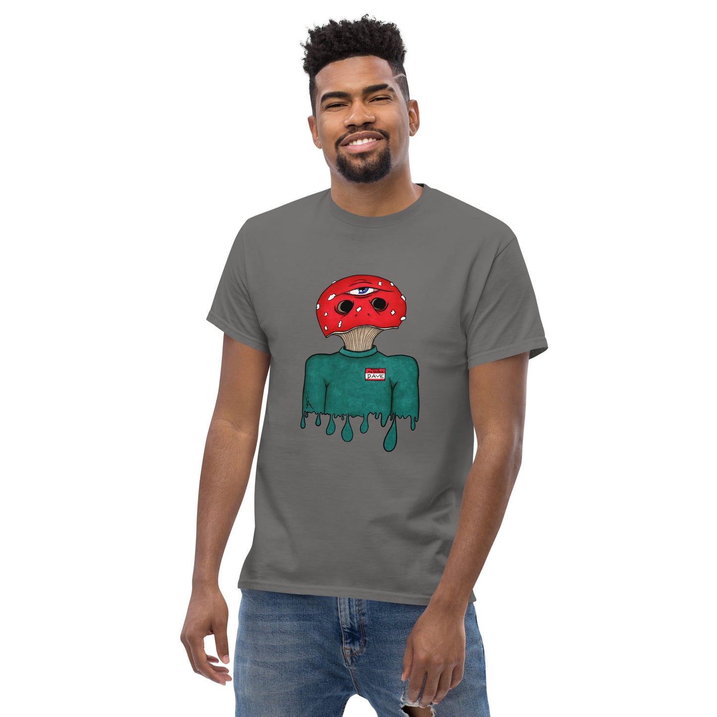 male wears trippy toadstool mushroom man named Dave printed on a charcoal crew neck t-shirt