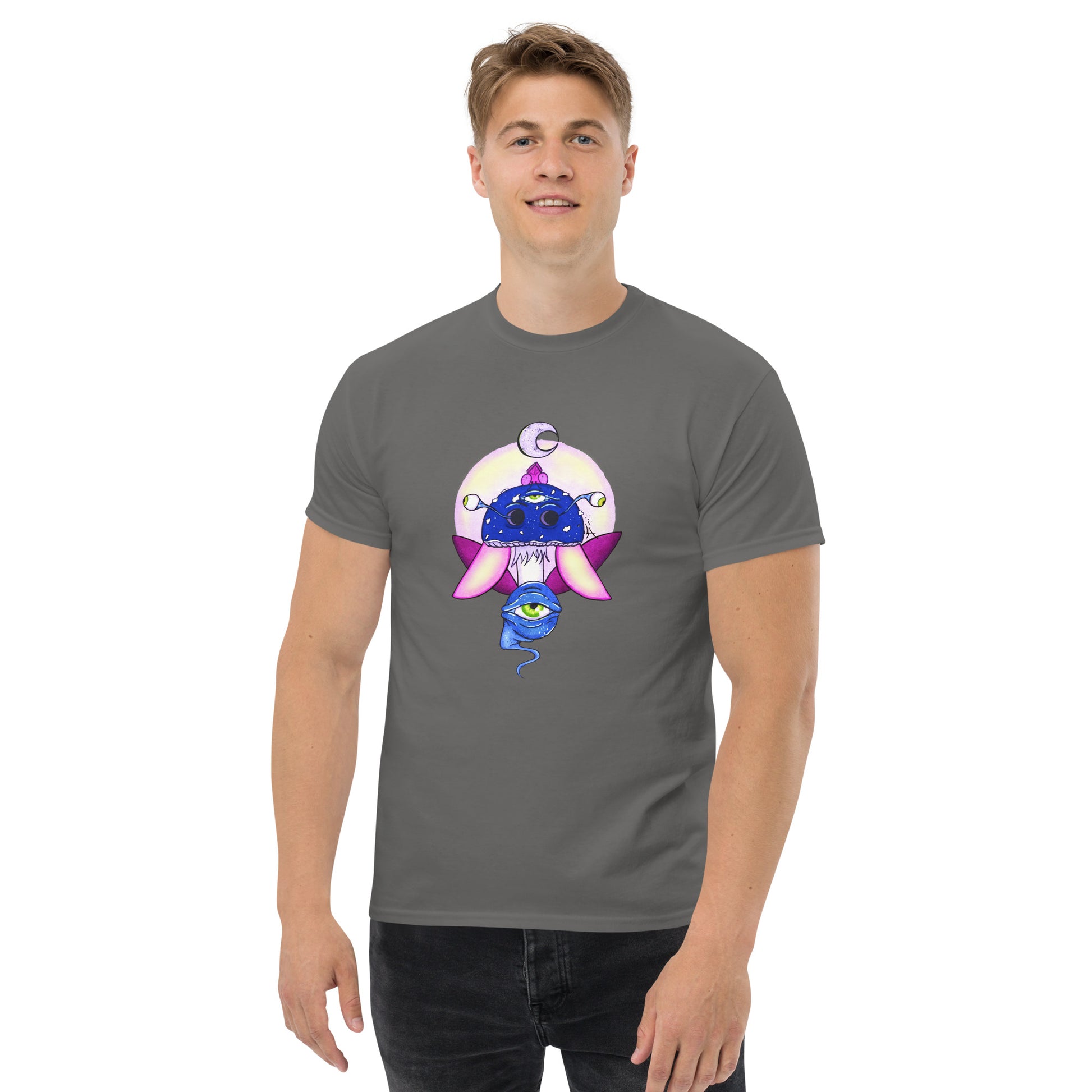 male wears charcoal tshirt psychedelic toadstool mushroom with eyes full moon crescent moon flying insect in winter blue and purple