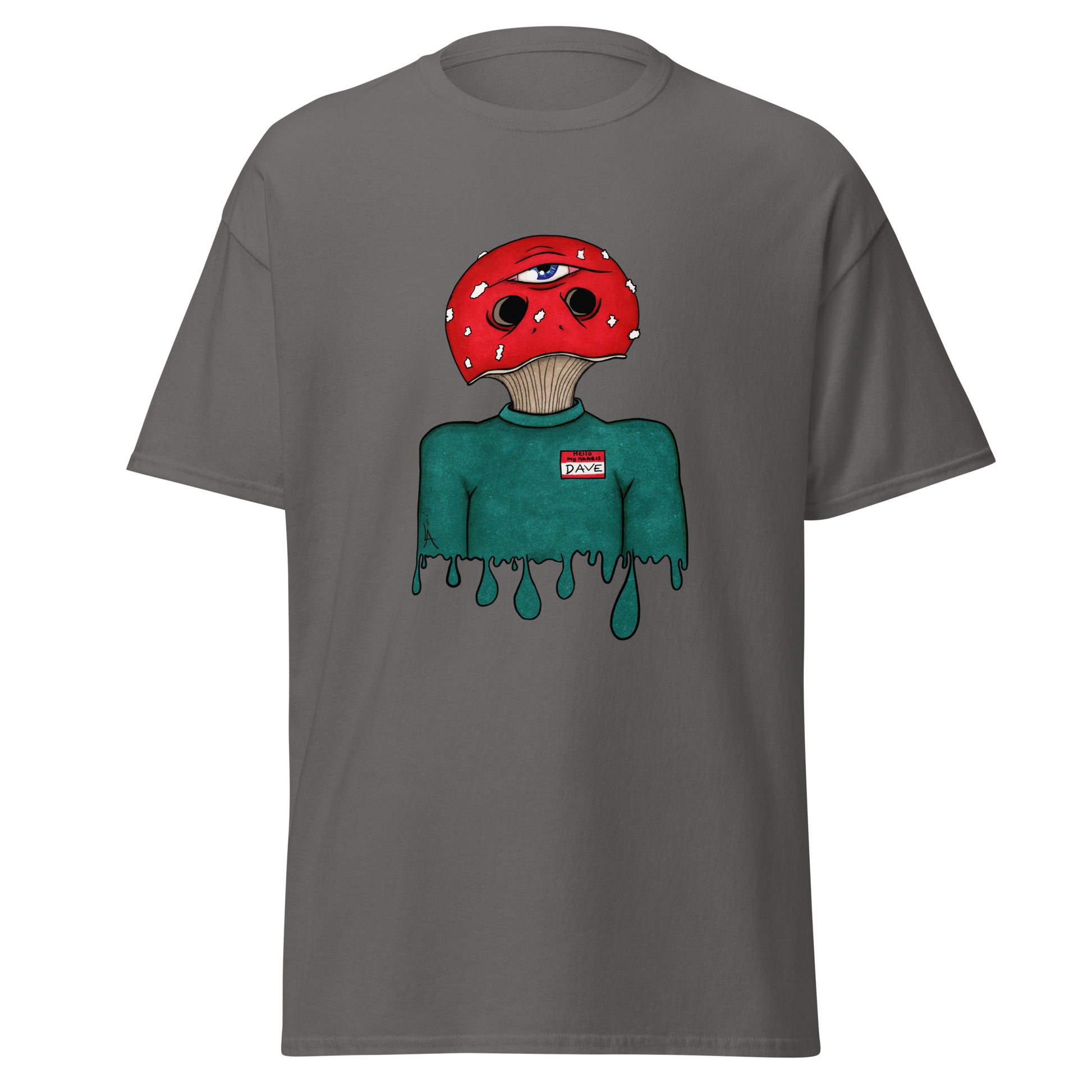 trippy toadstool mushroom man named Dave printed on a charcoal crew neck t-shirt