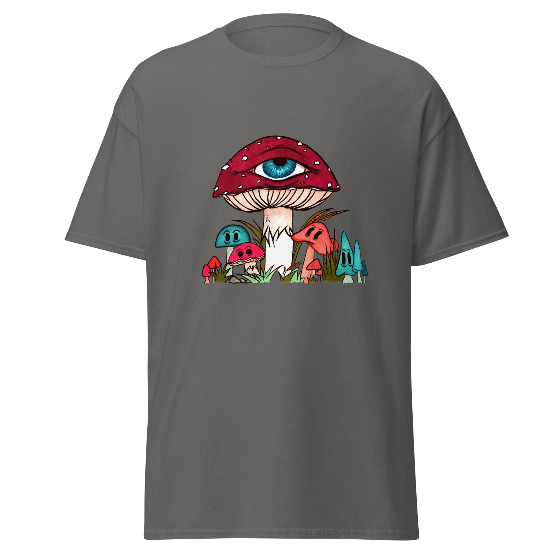 charcoal tshirt red and white toadstool mushroom with all seeing eye smaller surrounding blue orange and red mushrooms