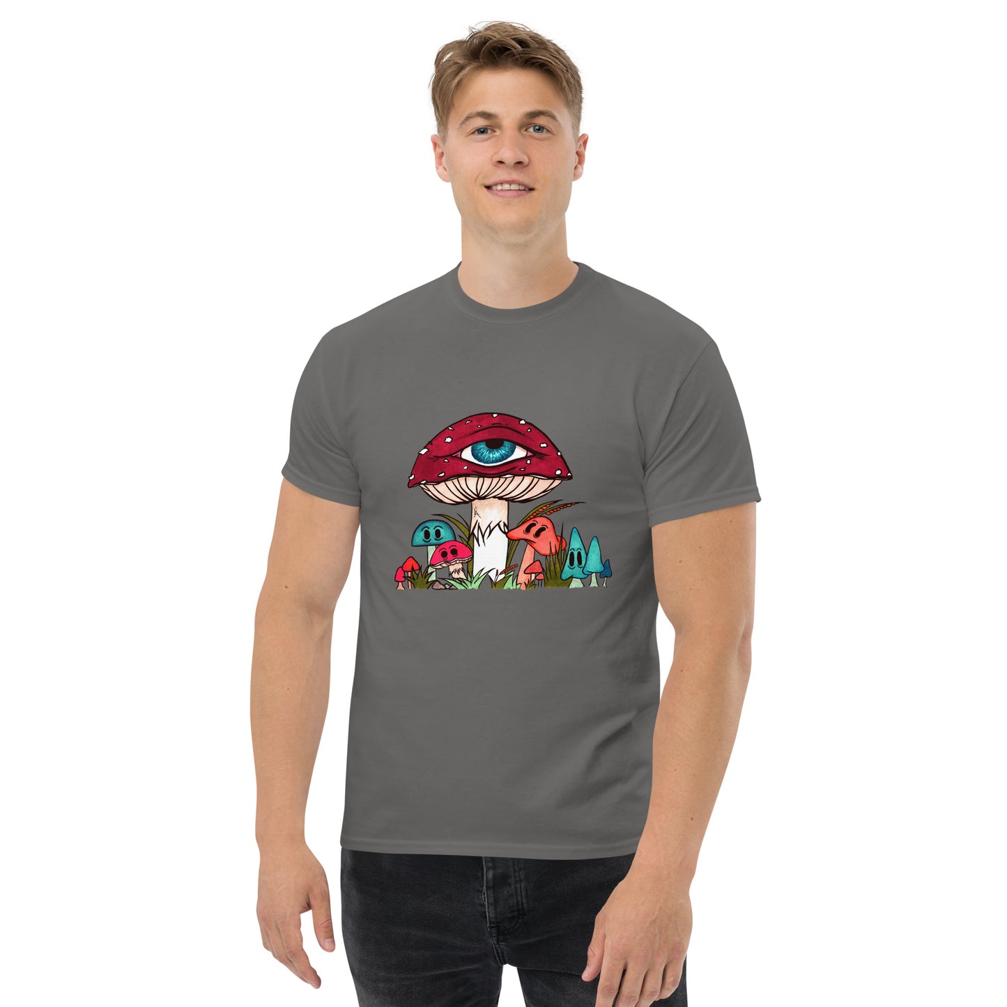 male wears charcoal tshirt red and white toadstool mushroom with all seeing eye smaller surrounding blue orange and red mushrooms