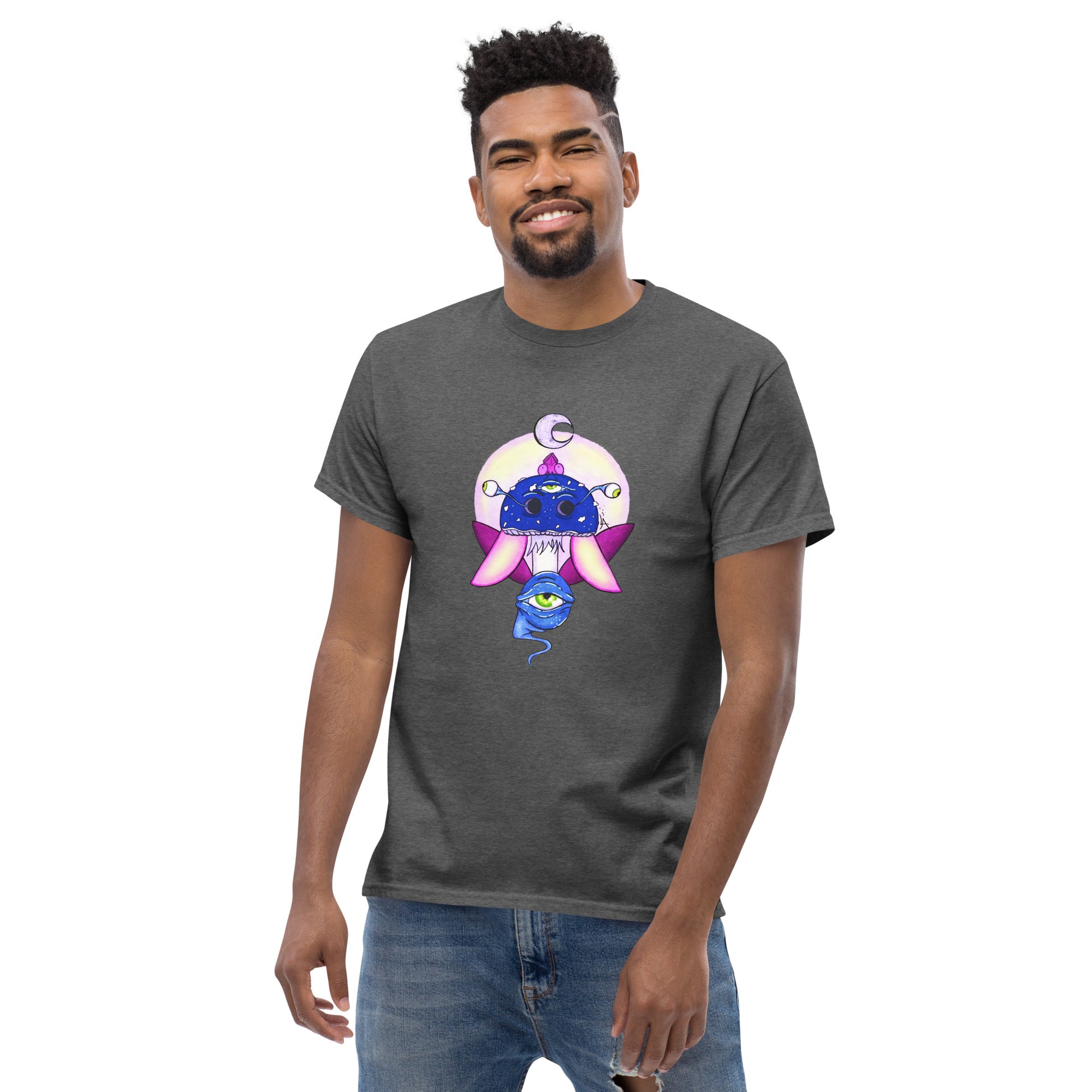 male wears dark heather tshirt psychedelic toadstool mushroom with eyes full moon crescent moon flying insect in winter blue and purple