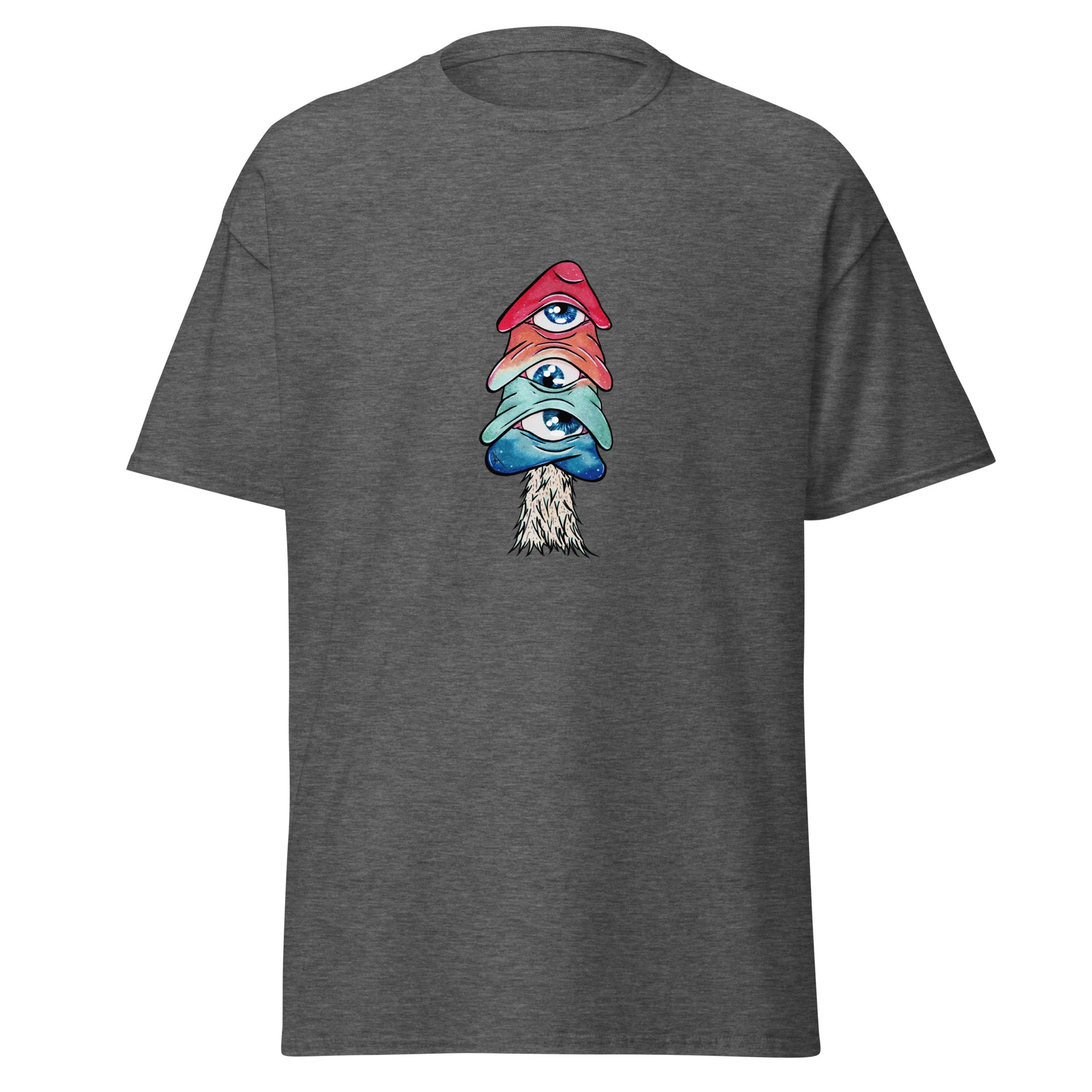 dark heather crew neck tshirt mushroom with 3 eyes in pink green and blue