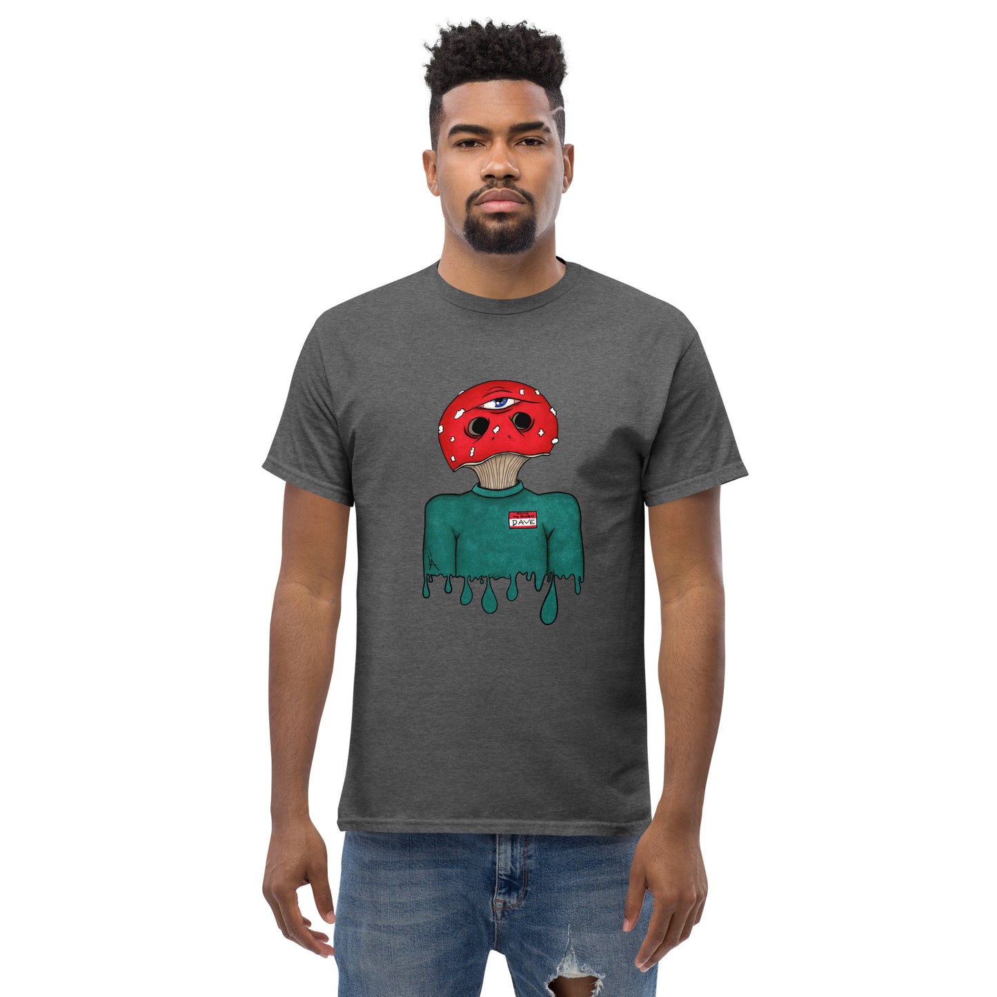 male wears trippy toadstool mushroom man named Dave printed on a Sport dark heather neck t-shirt