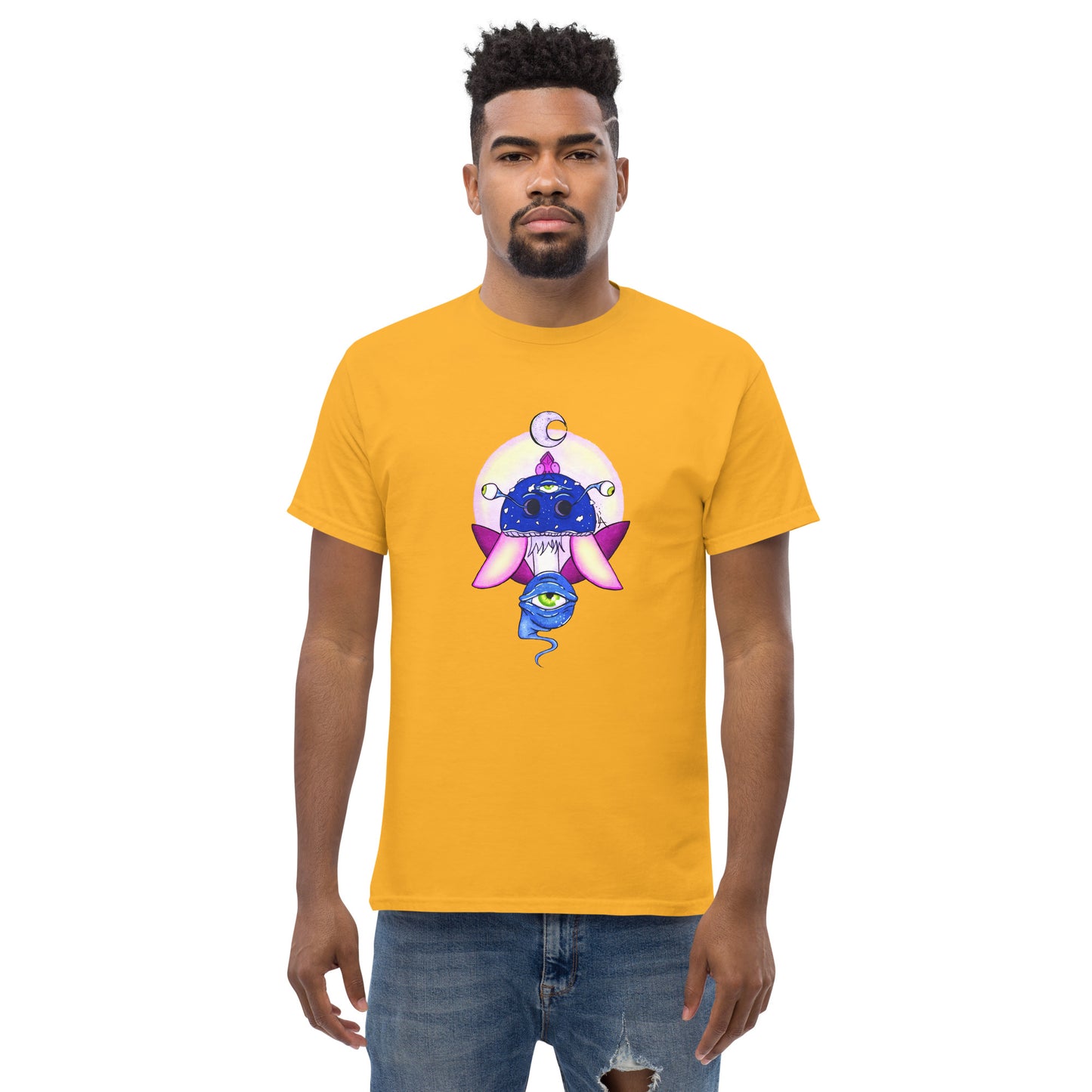 male wears gold tshirt psychedelic toadstool mushroom with eyes full moon crescent moon flying insect in winter blue and purple