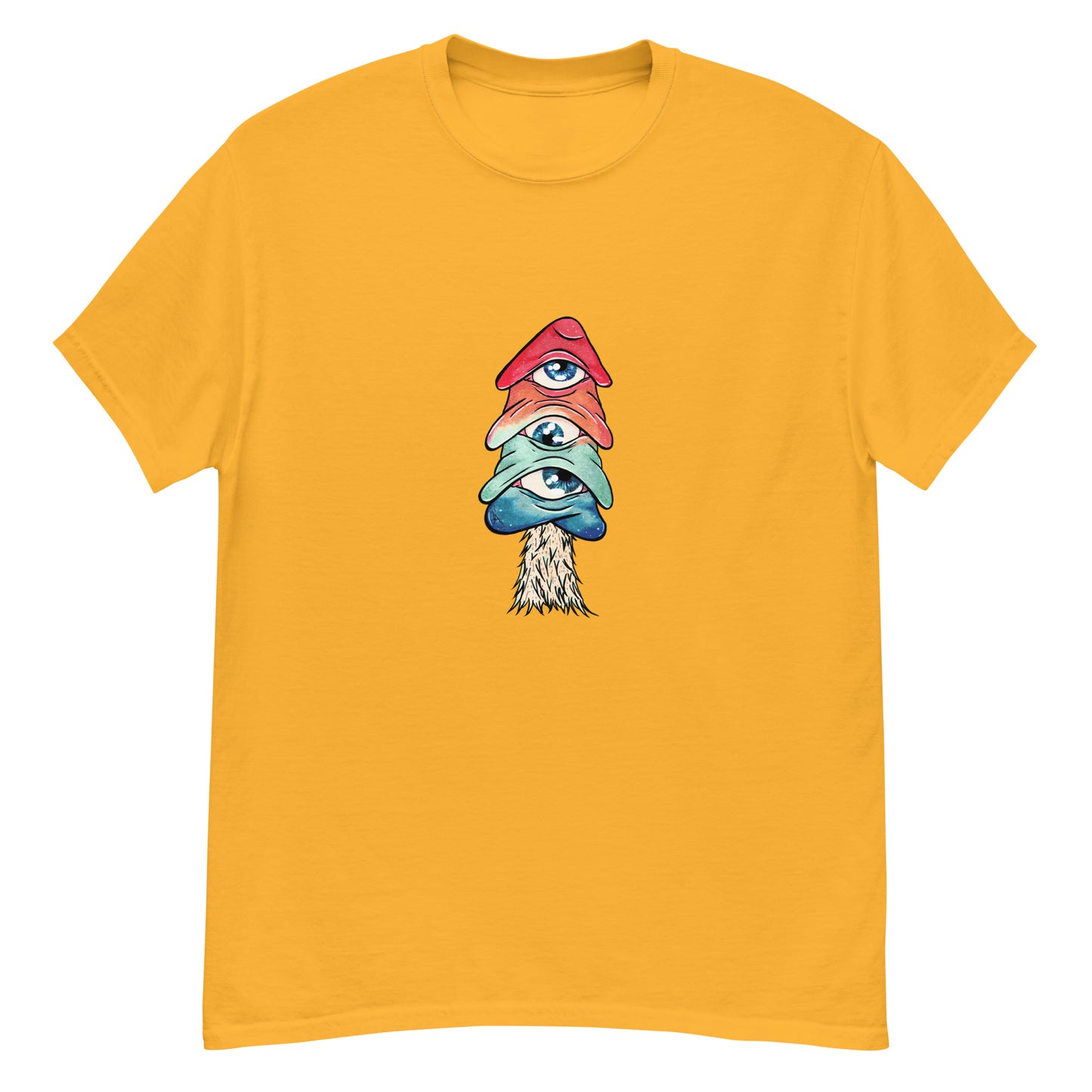 gold crew neck tshirt mushroom with 3 eyes in pink green and blue