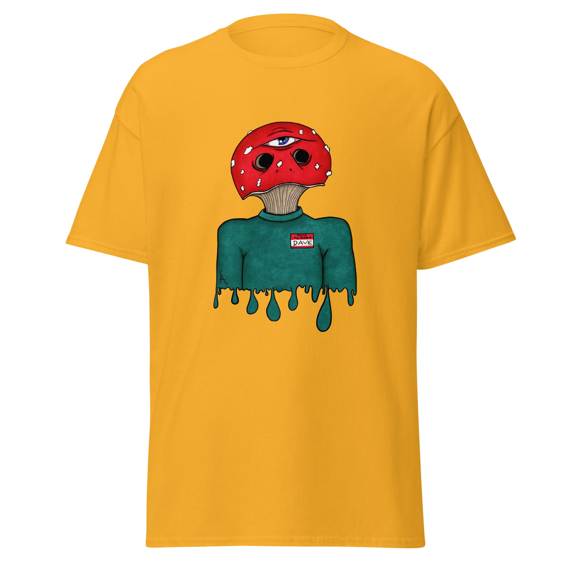 trippy toadstool mushroom man named Dave printed on a gold crew neck t-shirt