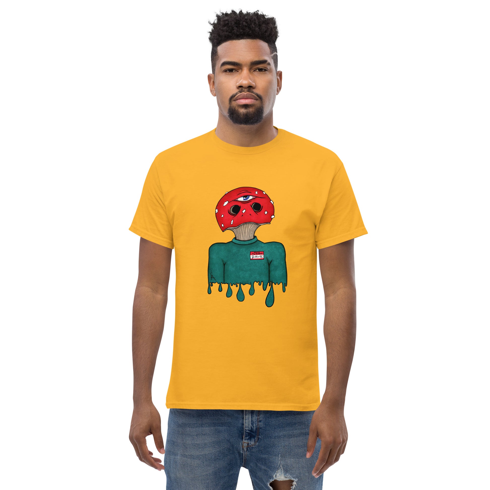 male wears trippy toadstool mushroom man named Dave printed on a gold crew neck t-shirt