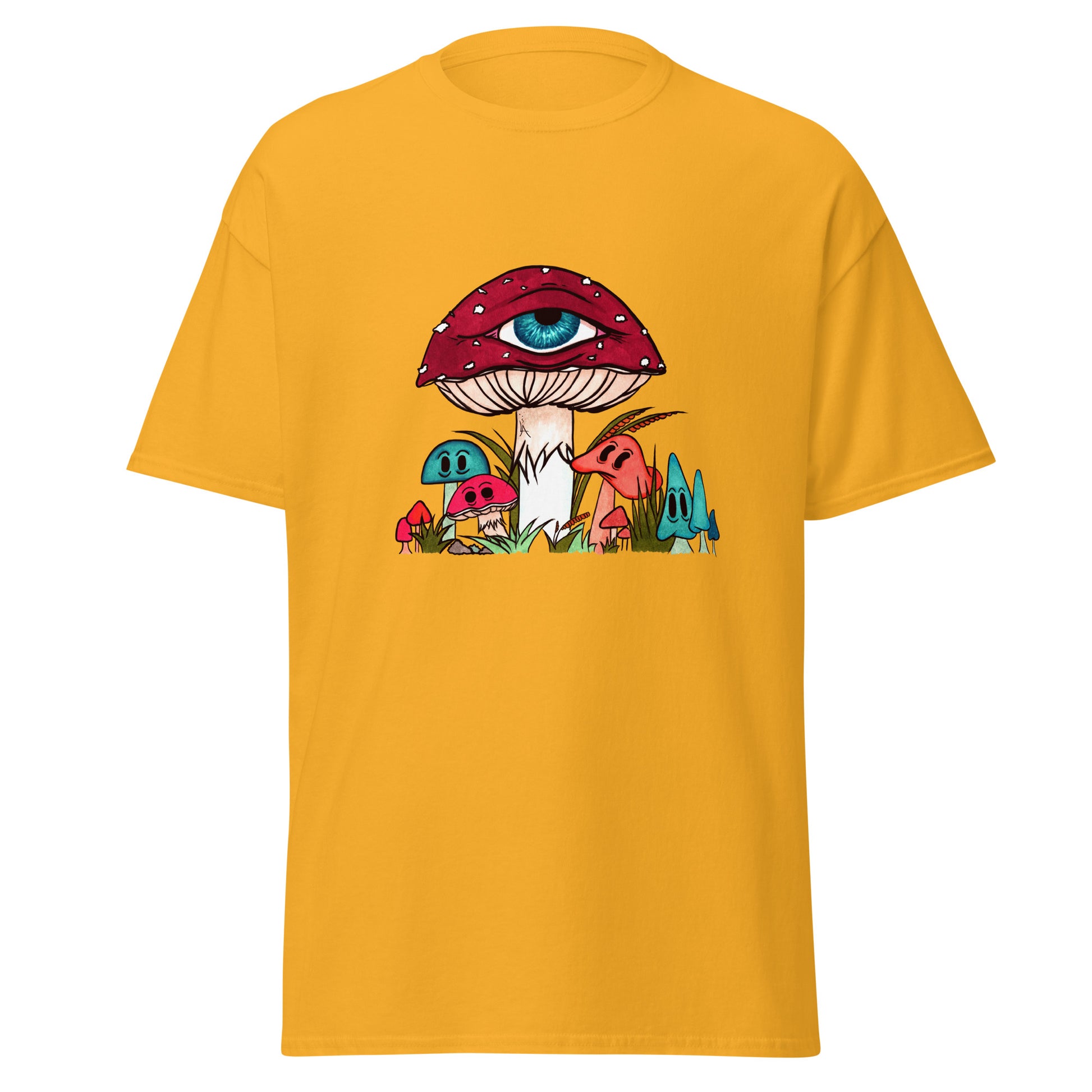 gold tshirt red and white toadstool mushroom with all seeing eye smaller surrounding blue orange and red mushrooms