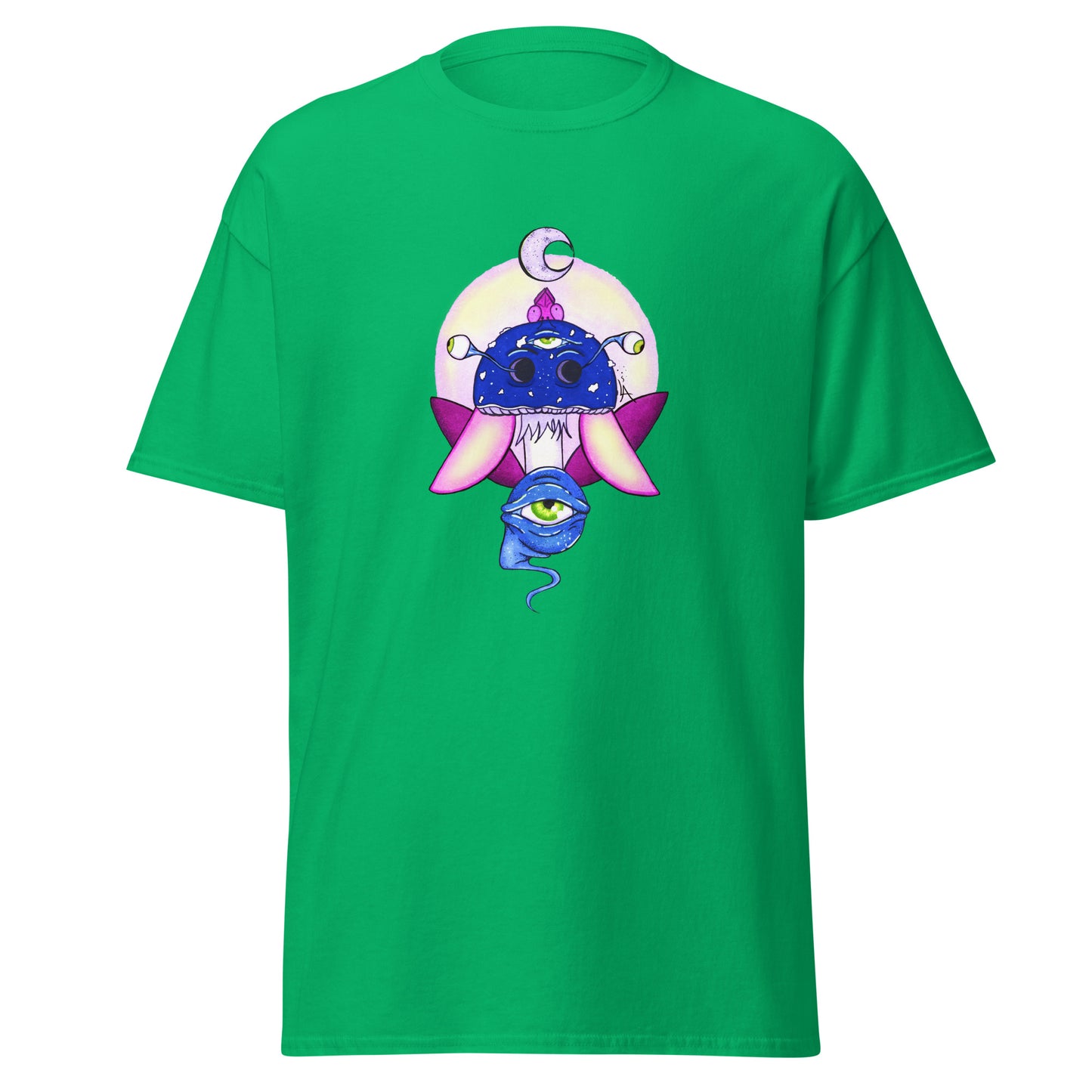 irish green tshirt psychedelic toadstool mushroom with eyes full moon crescent moon flying insect in winter blue and purple