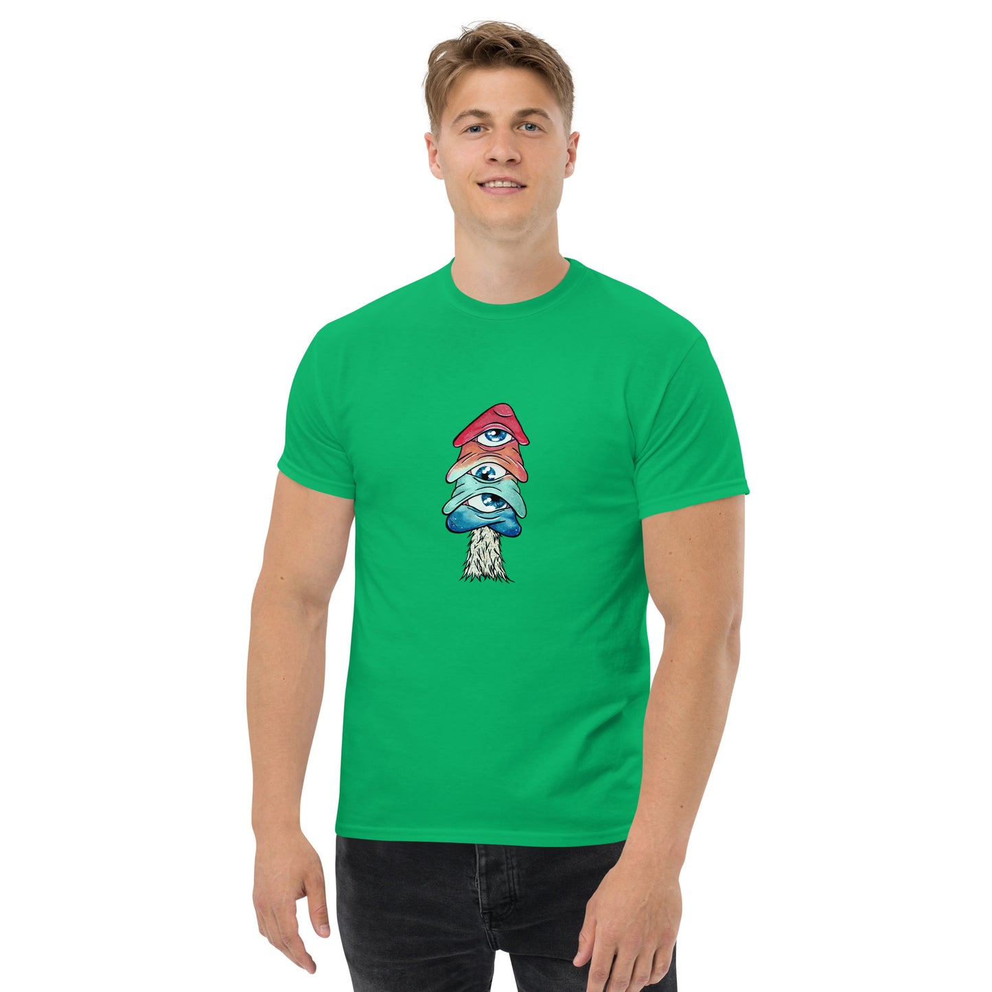 male wears irish green crew neck tshirt mushroom with 3 eyes in pink green and blue