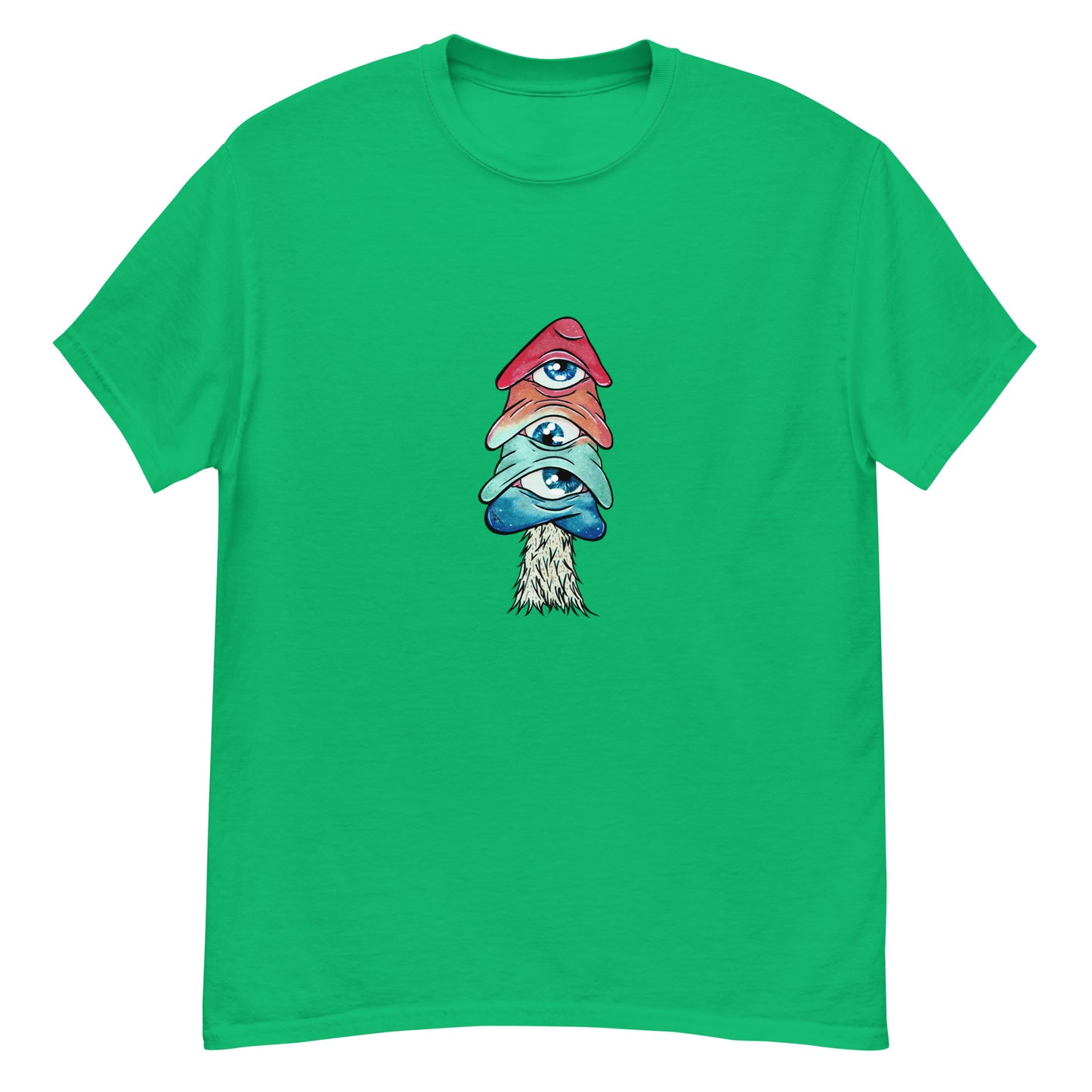 irish green crew neck tshirt mushroom with 3 eyes in pink green and blue