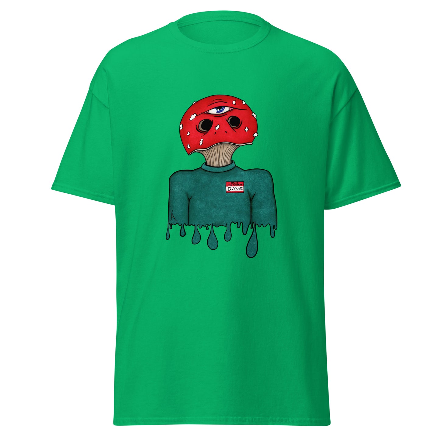 trippy toadstool mushroom man named Dave printed on a irish green crew neck t-shirt