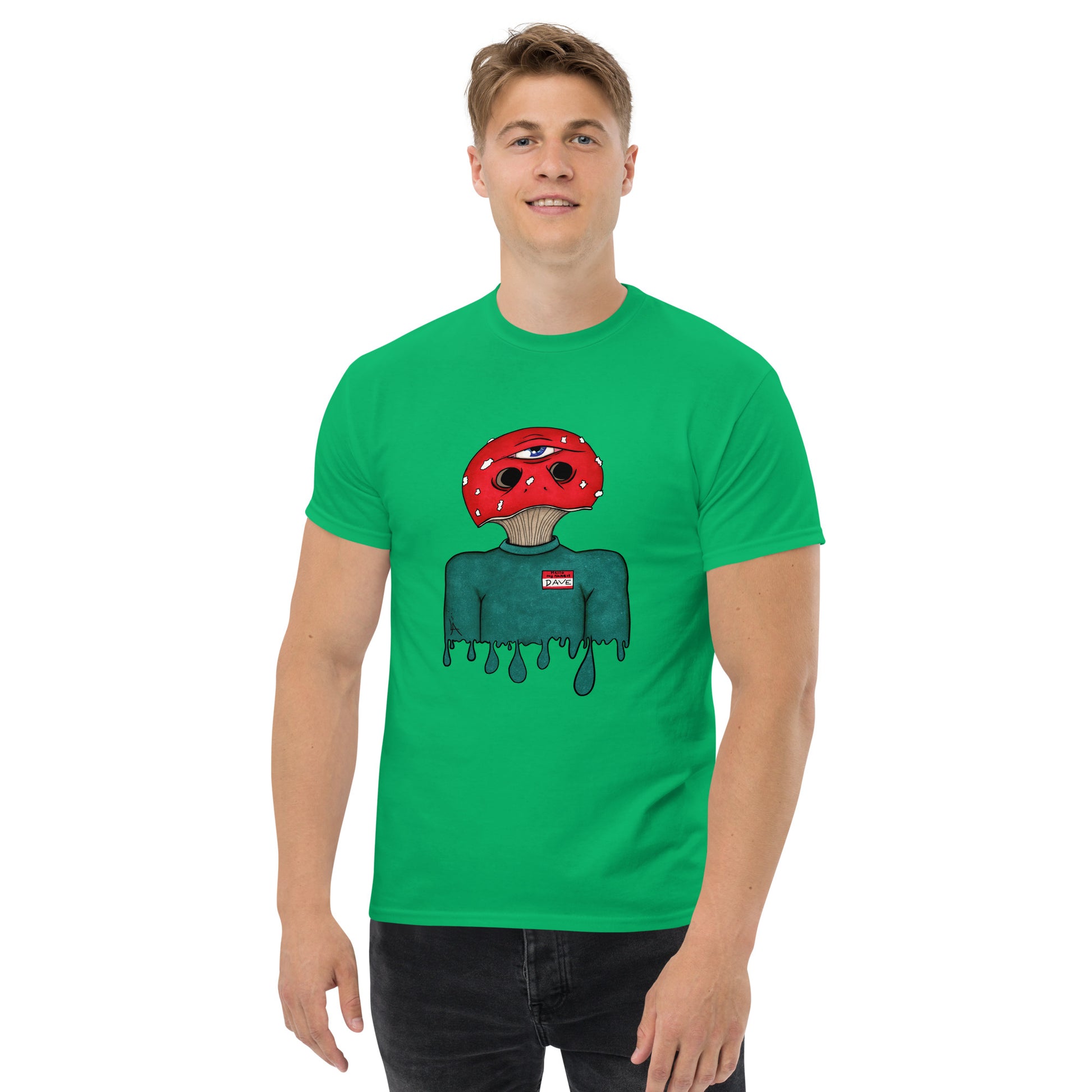 male wears trippy toadstool mushroom man named Dave printed on a irish green crew neck t-shirt