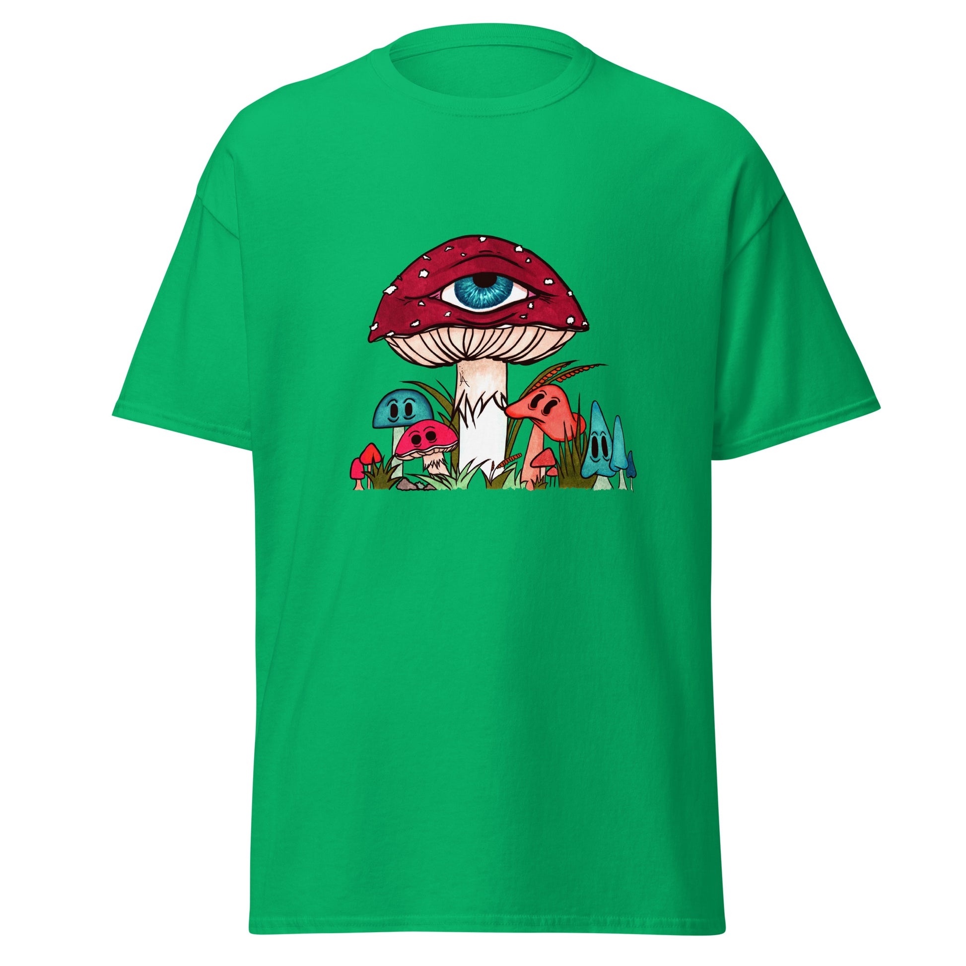 irish green tshirt red and white toadstool mushroom with all seeing eye smaller surrounding blue orange and red mushrooms