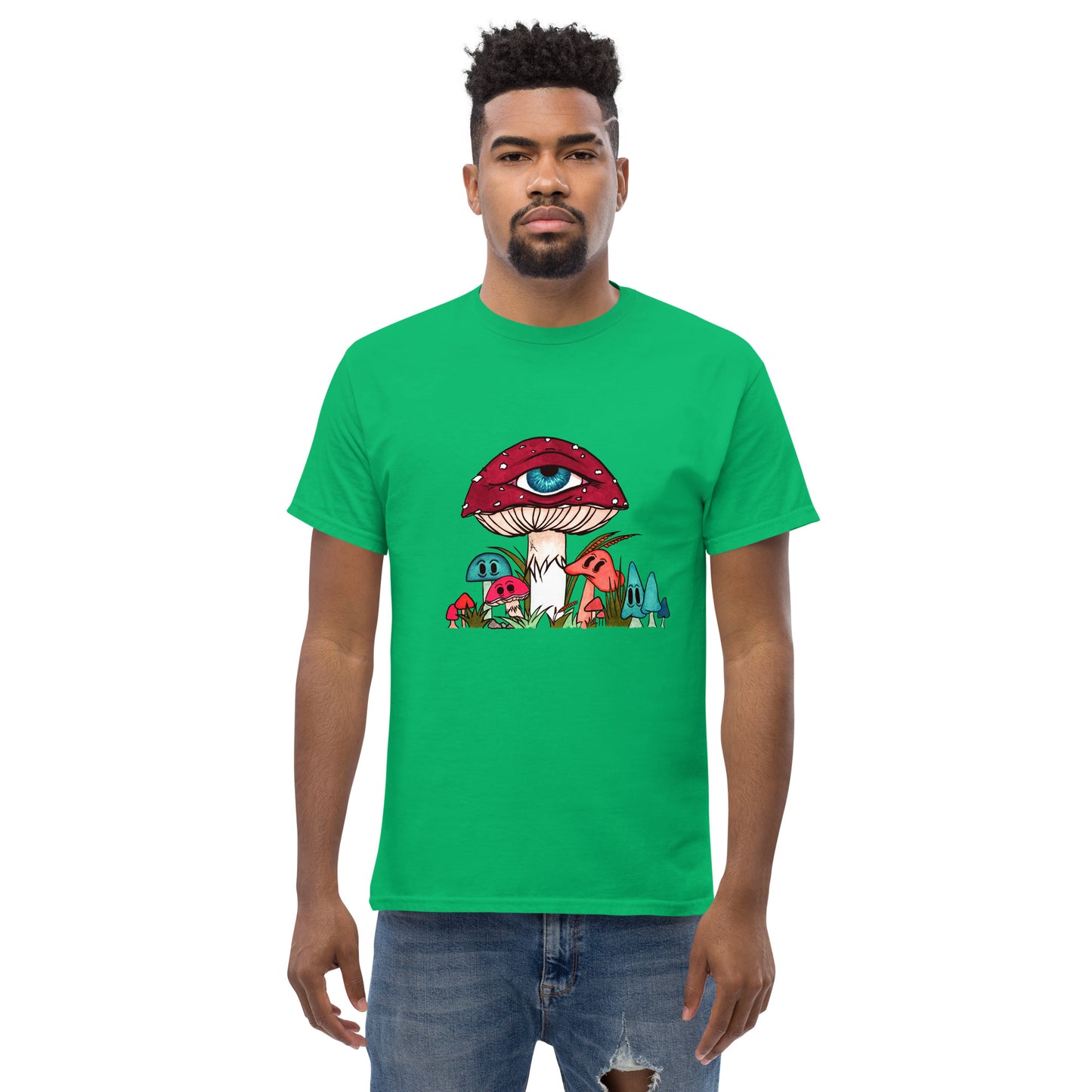 male wears irish green tshirt red and white toadstool mushroom with all seeing eye smaller surrounding blue orange and red mushrooms