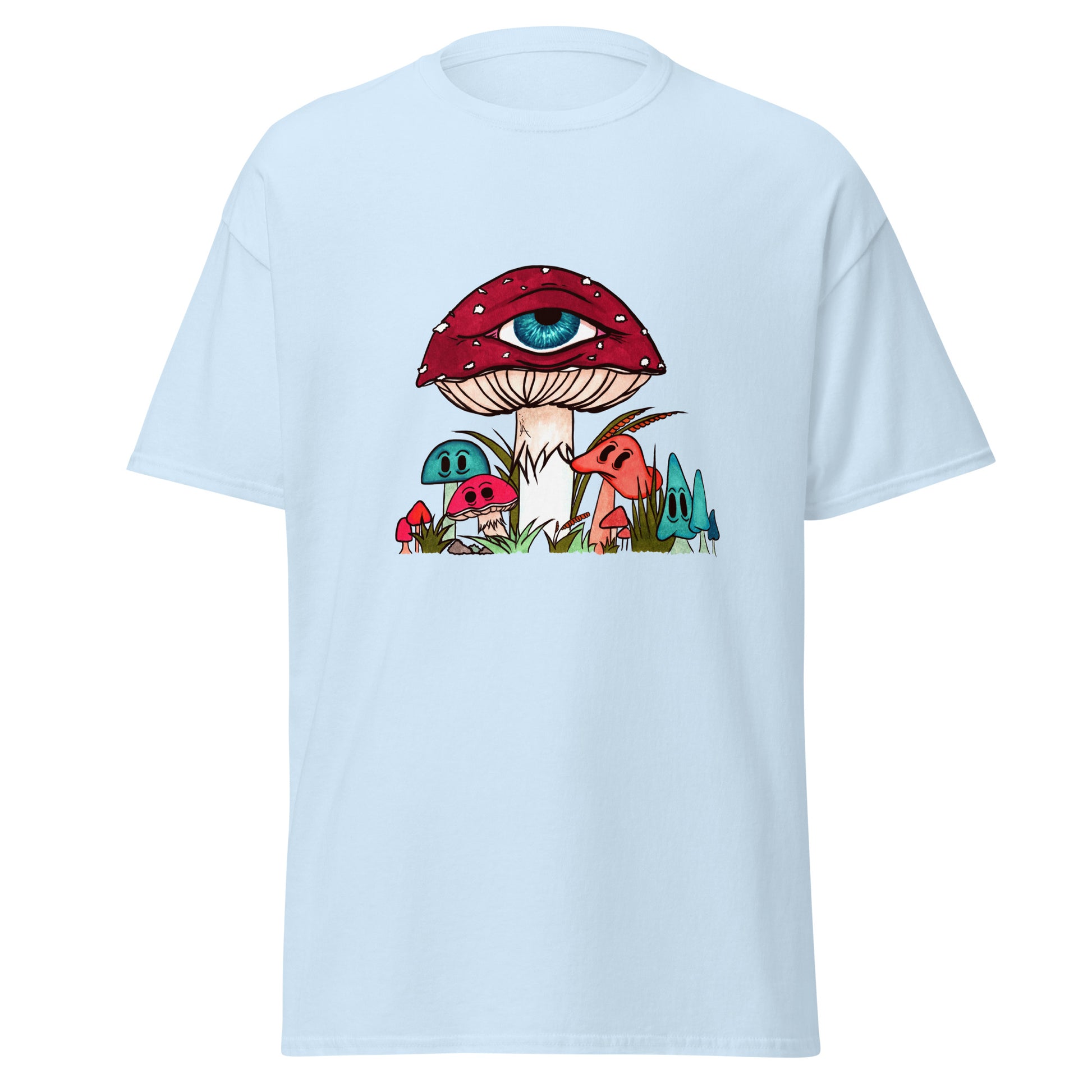 light blue tshirt red and white toadstool mushroom with all seeing eye smaller surrounding blue orange and red mushrooms