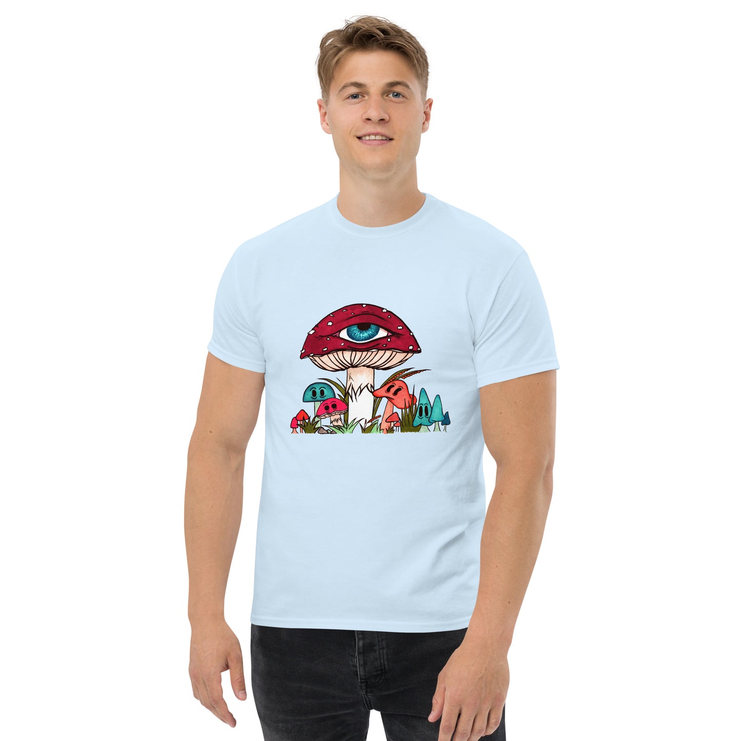 male wears light blue tshirt red and white toadstool mushroom with all seeing eye smaller surrounding blue orange and red mushrooms