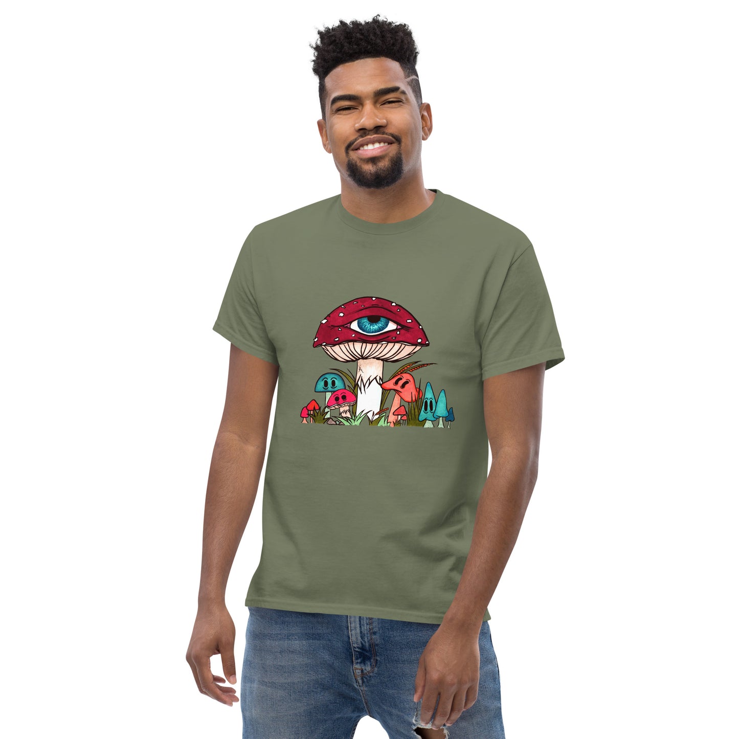 male wears military green tshirt red and white toadstool mushroom with all seeing eye smaller surrounding blue orange and red mushrooms