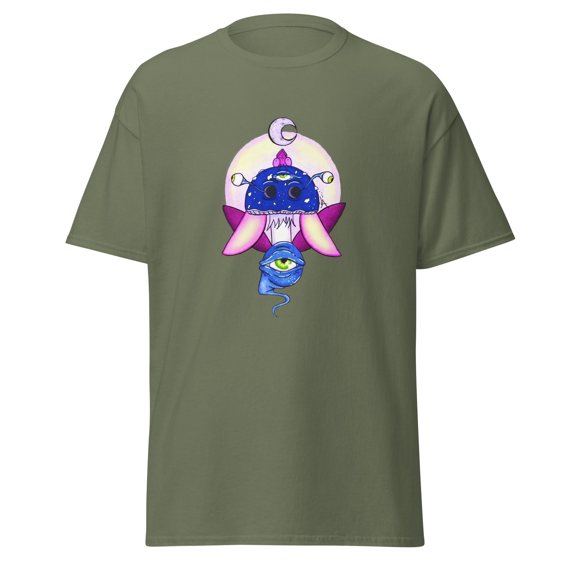 military green tshirt psychedelic toadstool mushroom with eyes full moon crescent moon flying insect in winter blue and purple