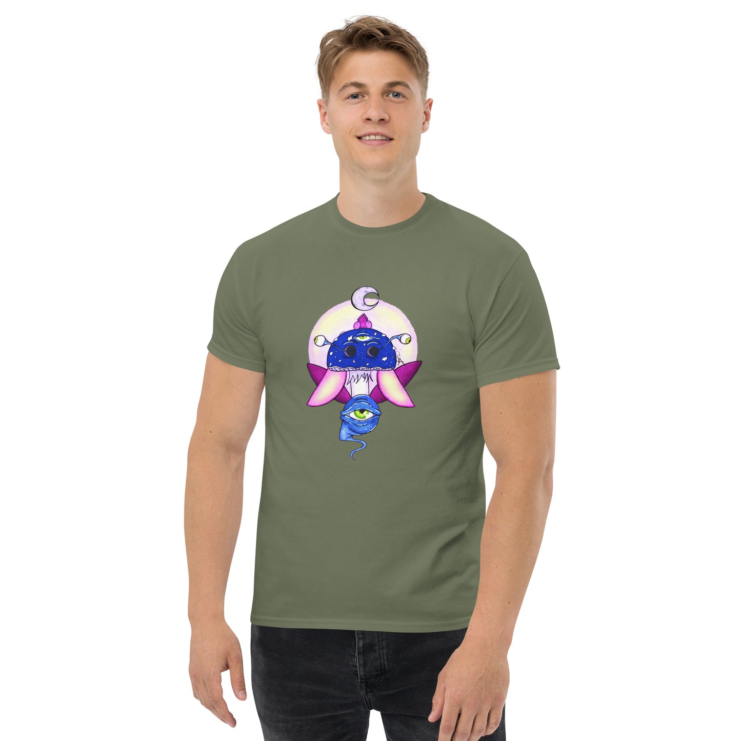 male wears military green tshirt psychedelic toadstool mushroom with eyes full moon crescent moon flying insect in winter blue and purple