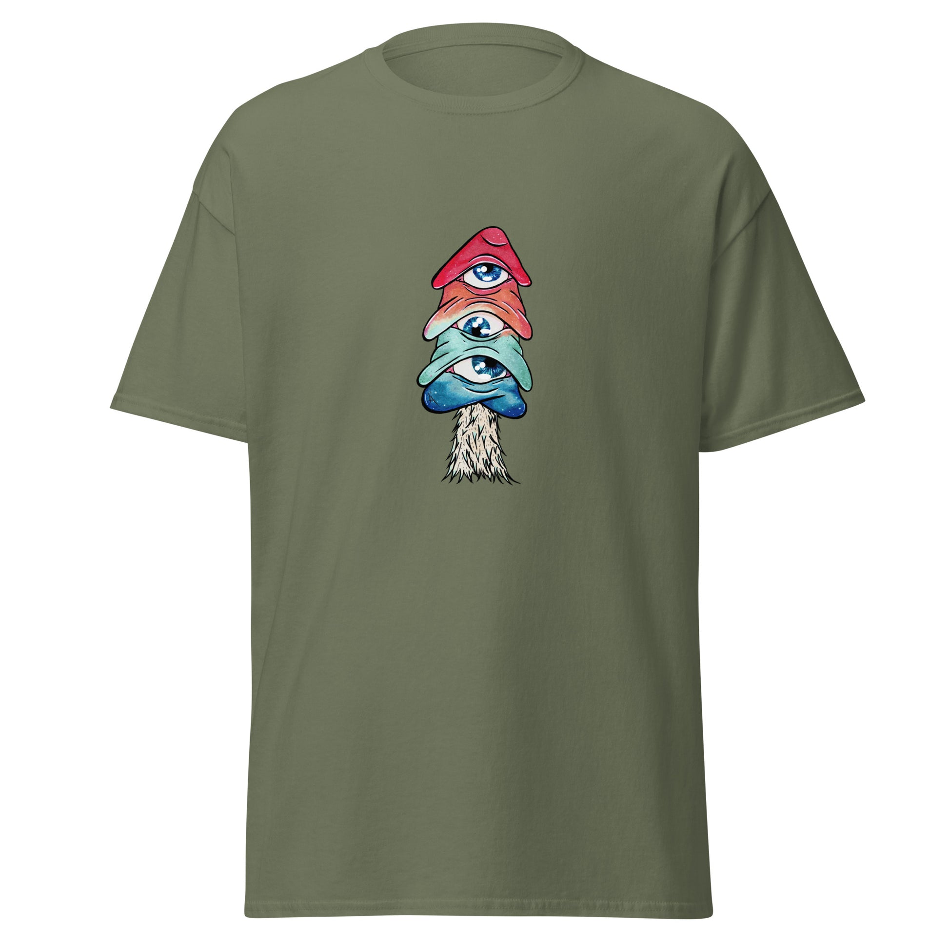 military green crew neck tshirt mushroom with 3 eyes in pink green and blue