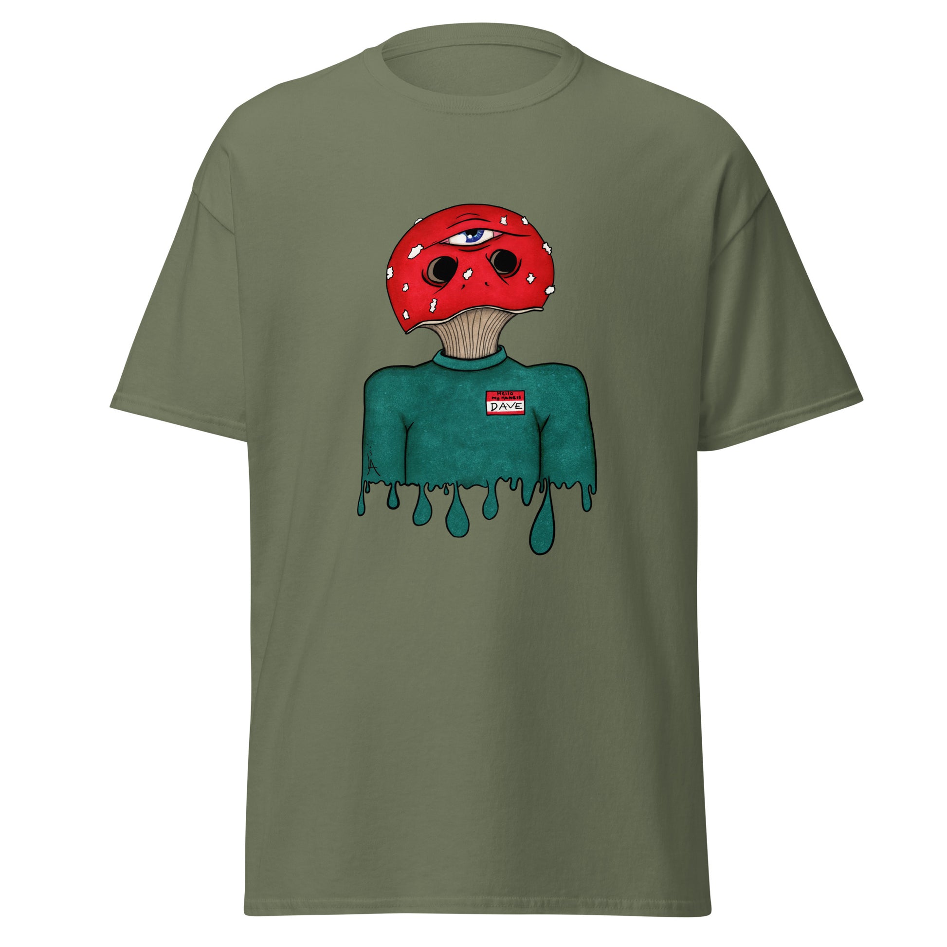 trippy toadstool mushroom man named Dave printed on a military green crew neck t-shirt