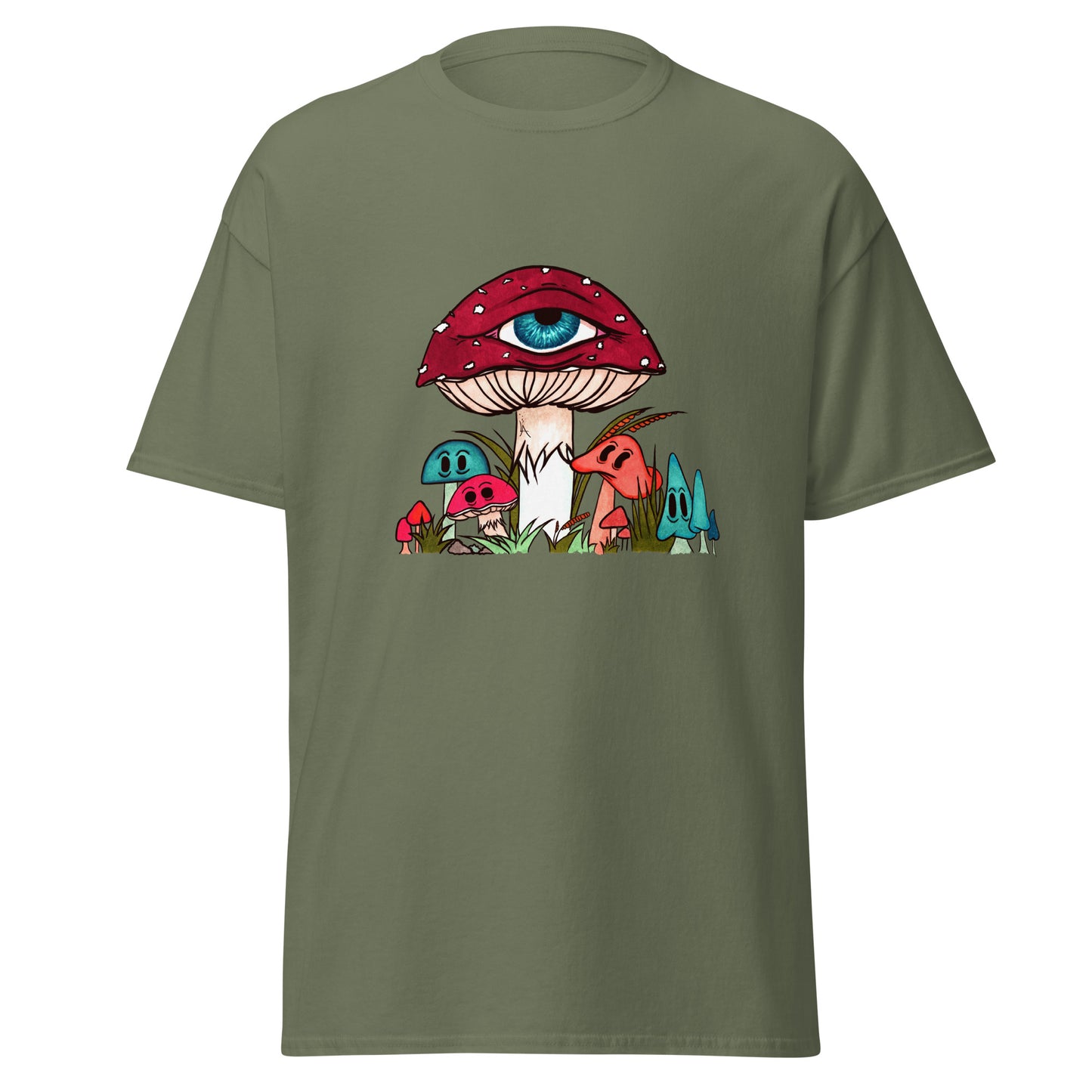 military green tshirt red and white toadstool mushroom with all seeing eye smaller surrounding blue orange and red mushrooms