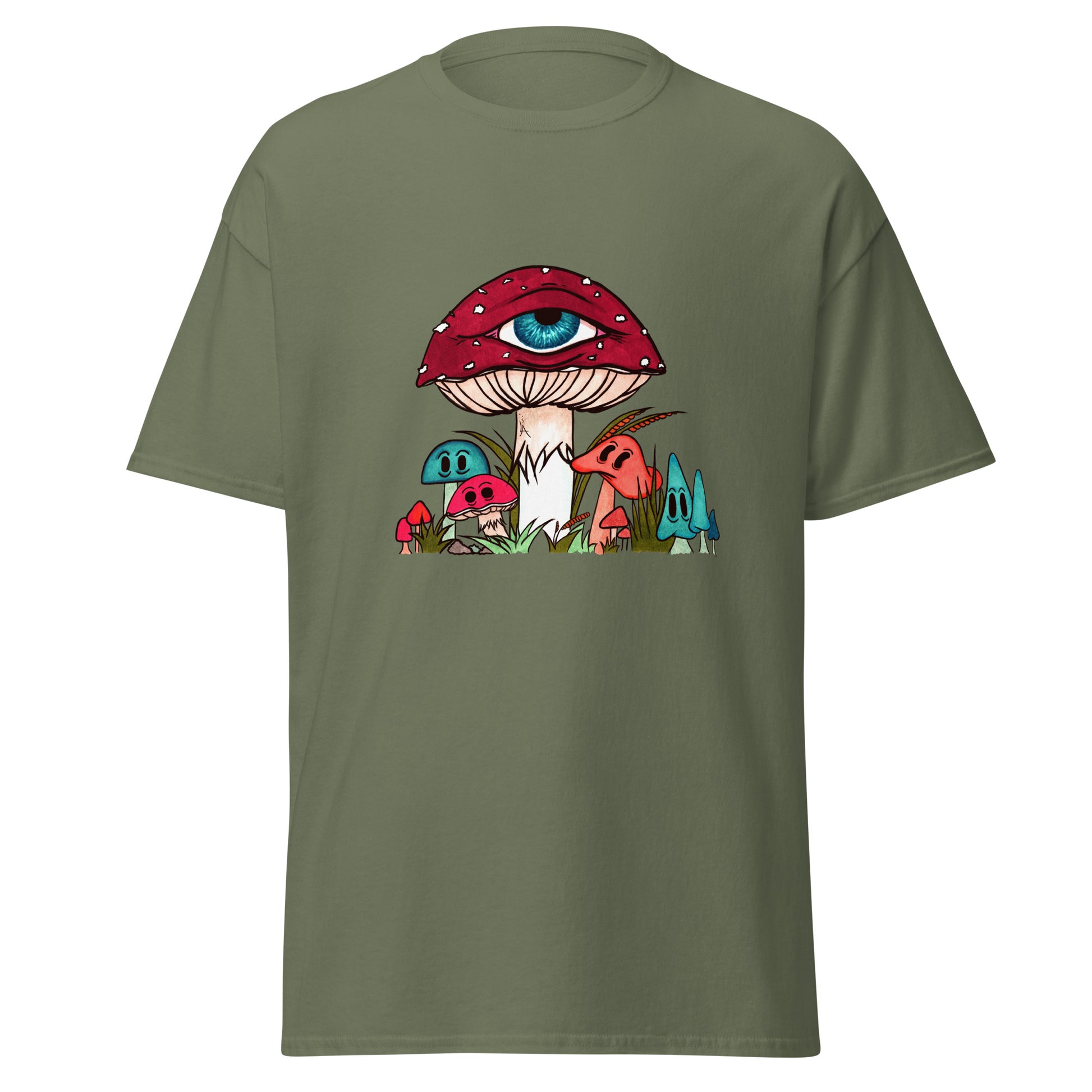 military green tshirt red and white toadstool mushroom with all seeing eye smaller surrounding blue orange and red mushrooms