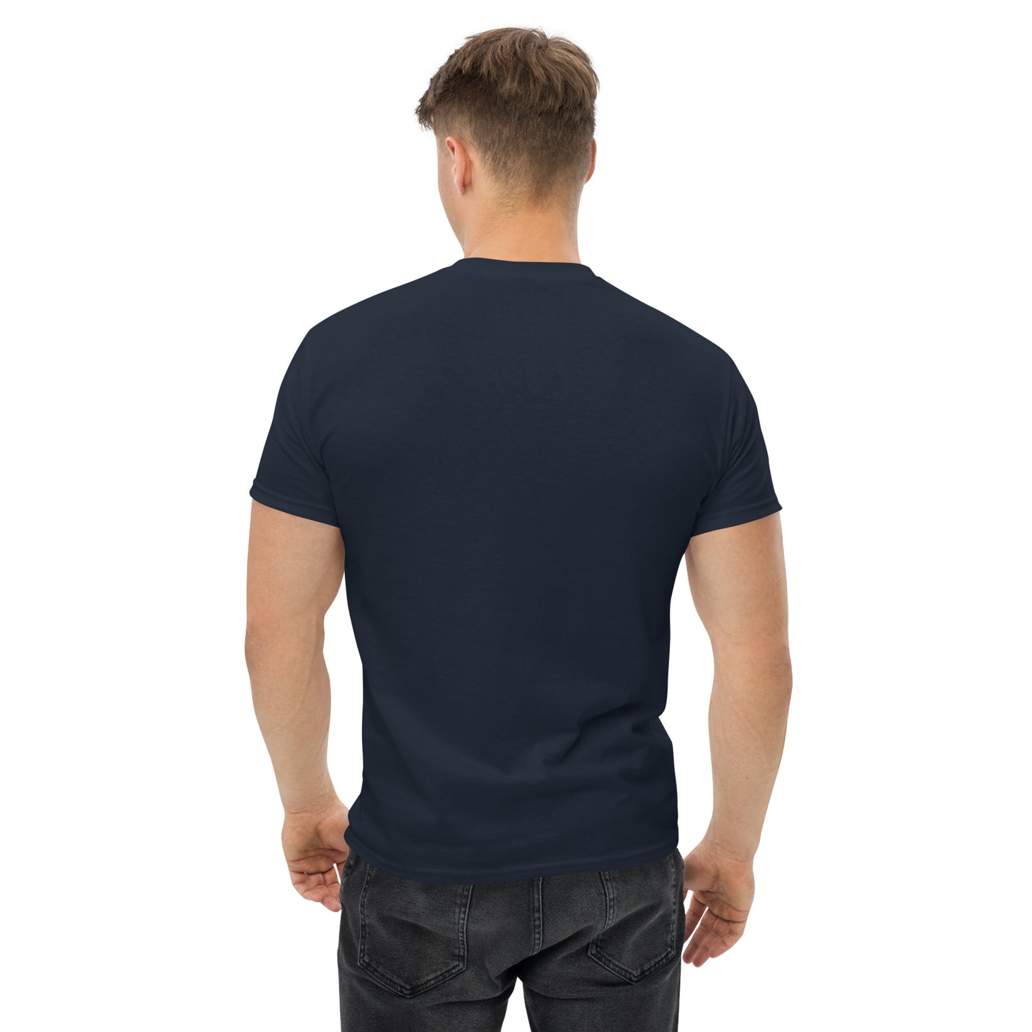 male wears navy tshirt back view