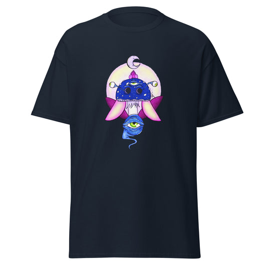 navy tshirt psychedelic toadstool mushroom with eyes full moon crescent moon flying insect in winter blue and purple