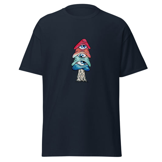 Navy crew neck tshirt mushroom with 3 eyes in pink green and blue