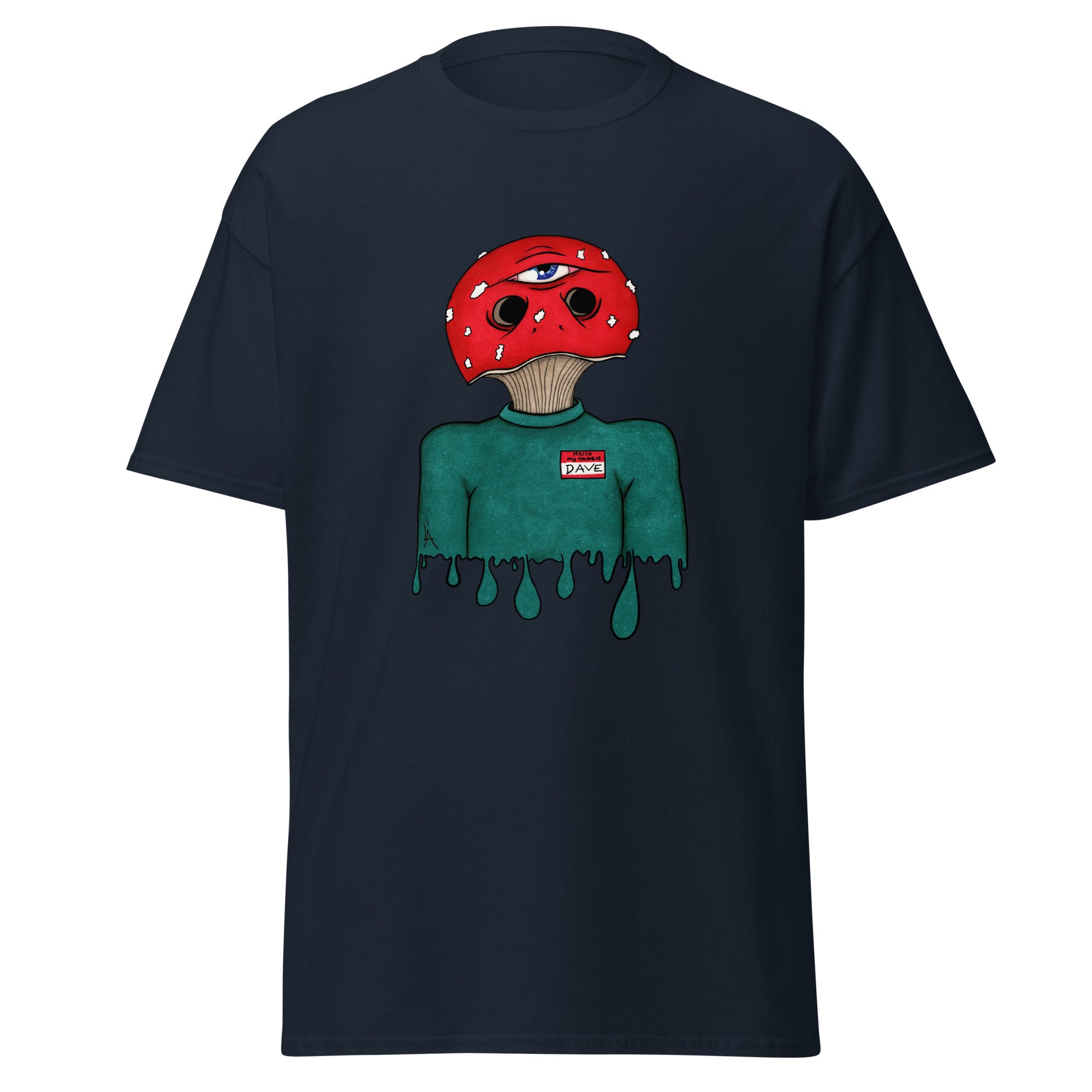 trippy toadstool mushroom man named Dave printed on a navy crew neck t-shirt