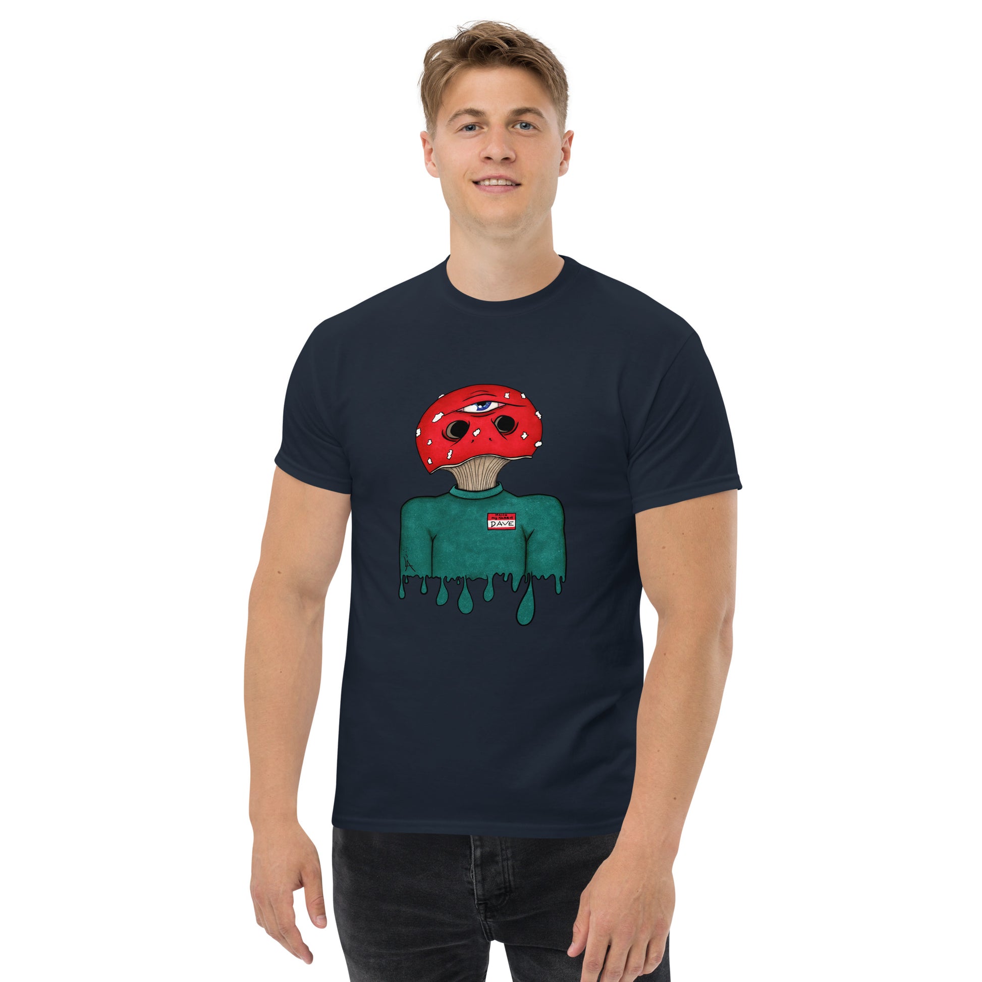 male wears trippy toadstool mushroom man named Dave printed on a navy crew neck t-shirt