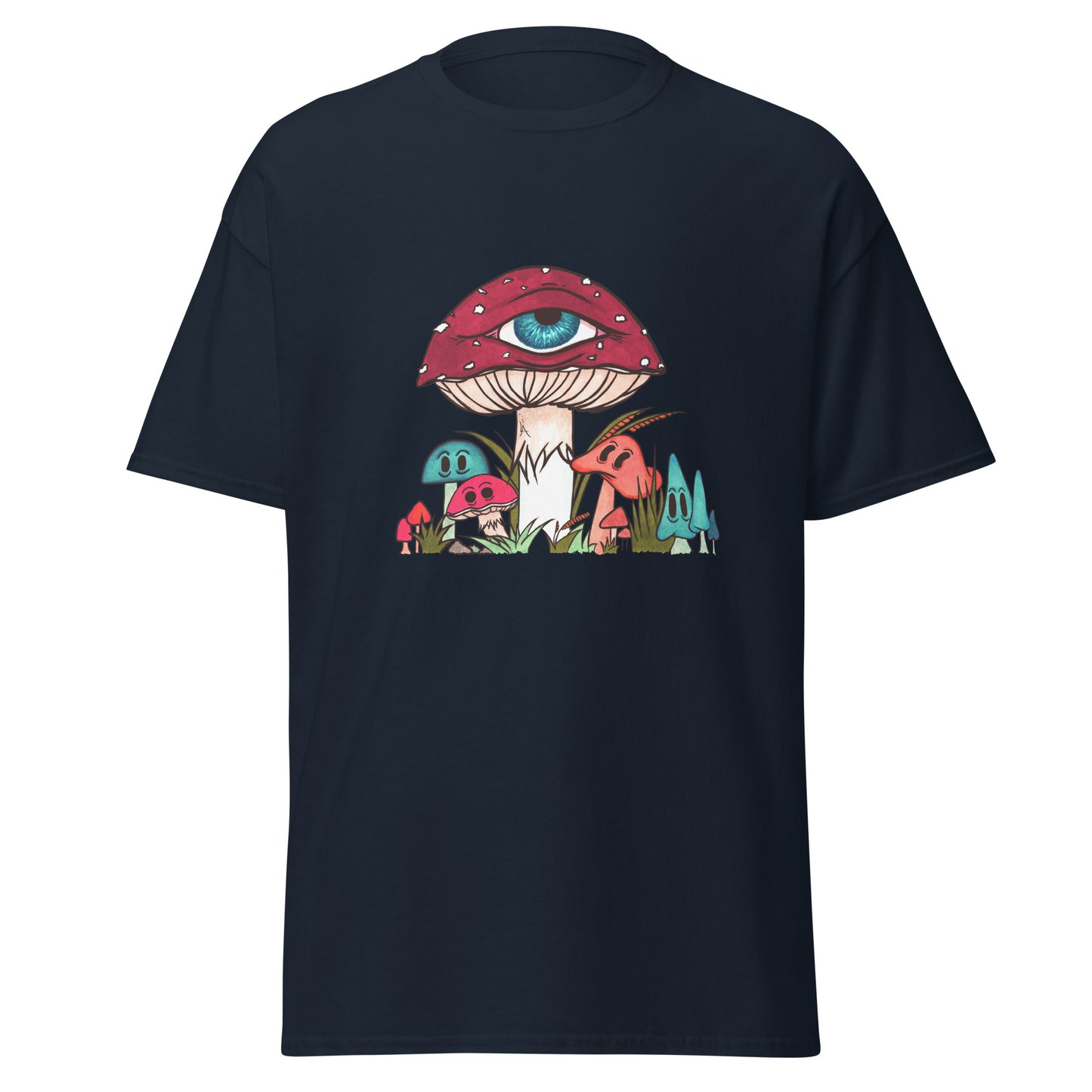 navy tshirt red and white toadstool mushroom with all seeing eye smaller surrounding blue orange and red mushrooms