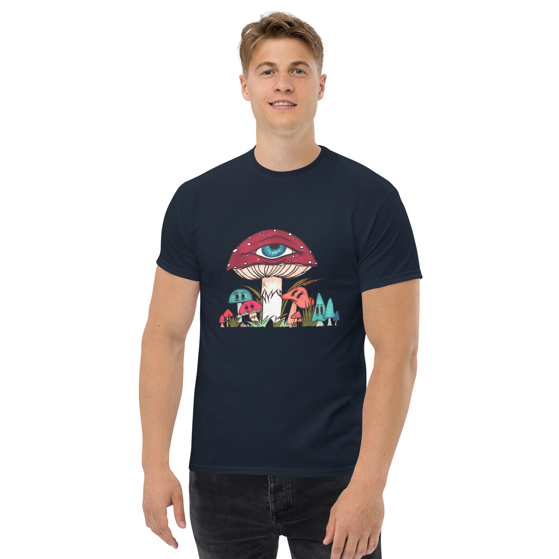 male wears navy tshirt red and white toadstool mushroom with all seeing eye smaller surrounding blue orange and red mushrooms