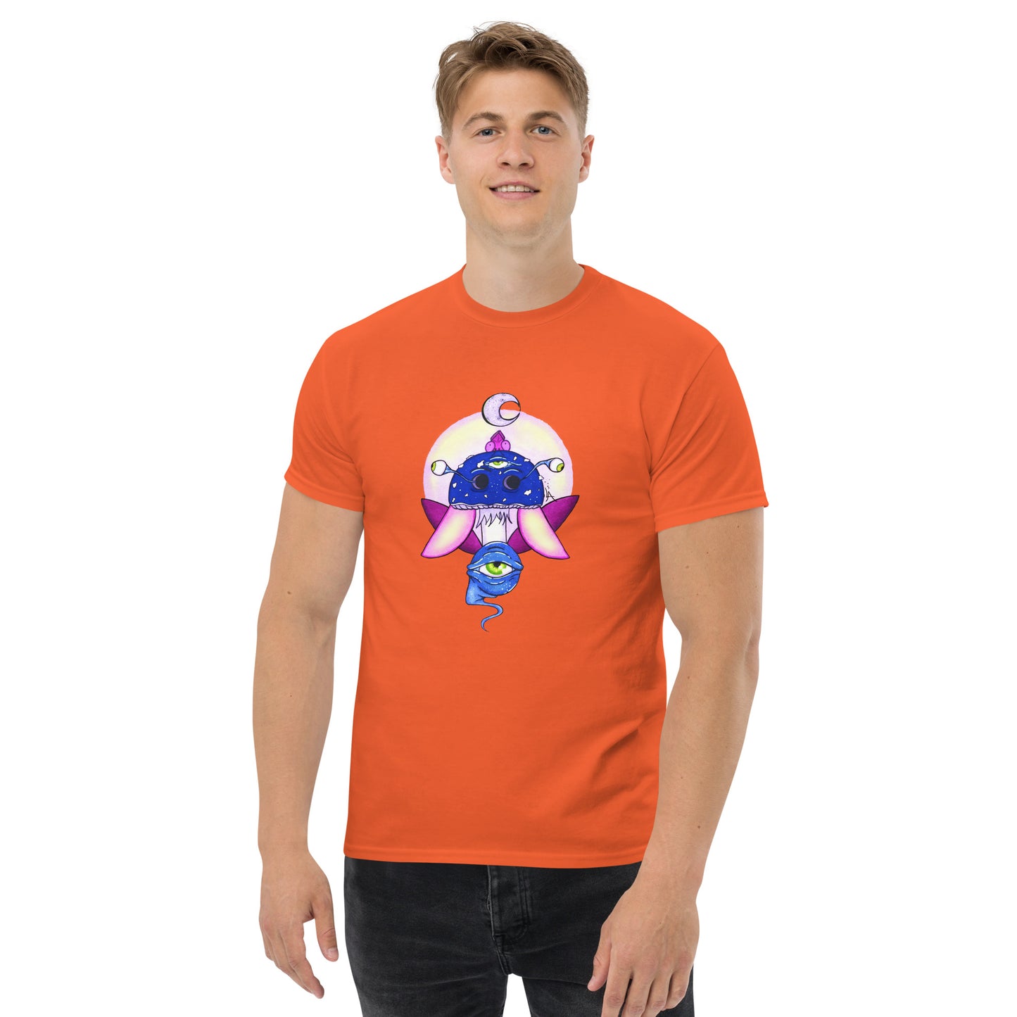 male wears orange tshirt psychedelic toadstool mushroom with eyes full moon crescent moon flying insect in winter blue and purple