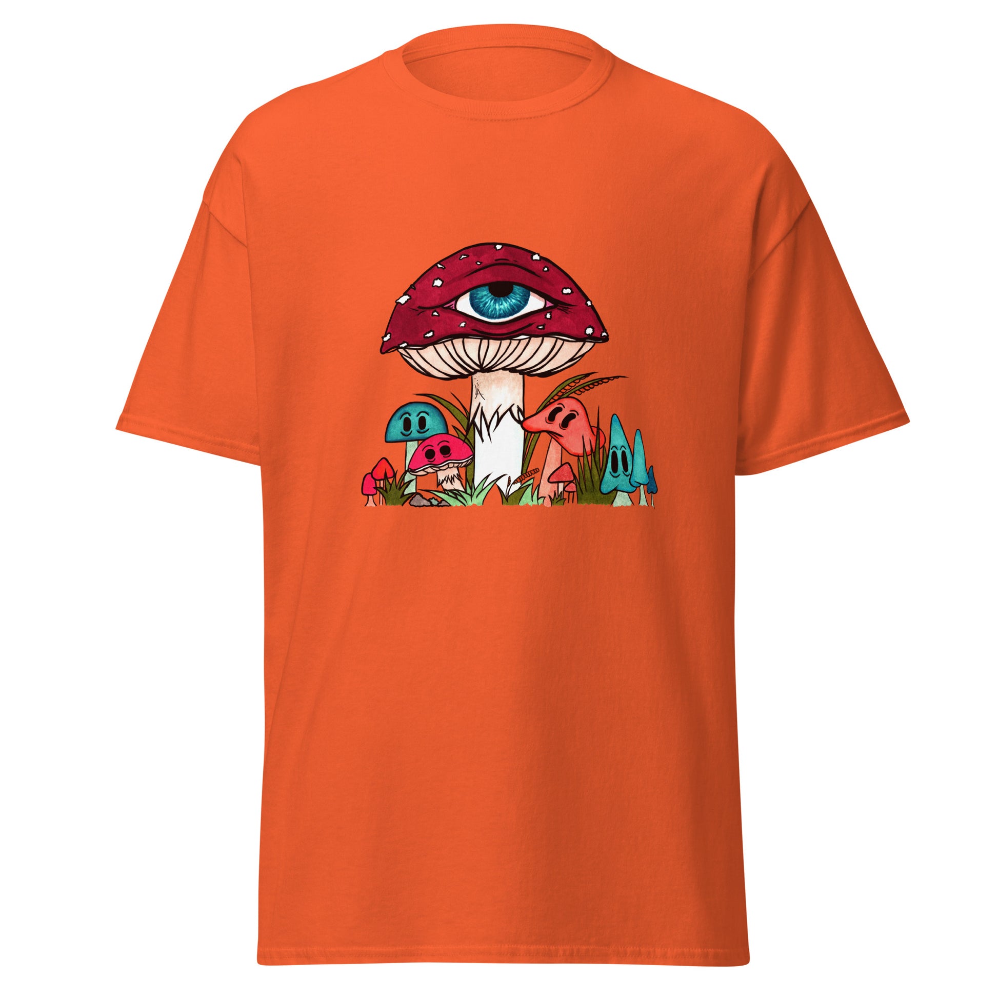 orange tshirt red and white toadstool mushroom with all seeing eye smaller surrounding blue orange and red mushrooms