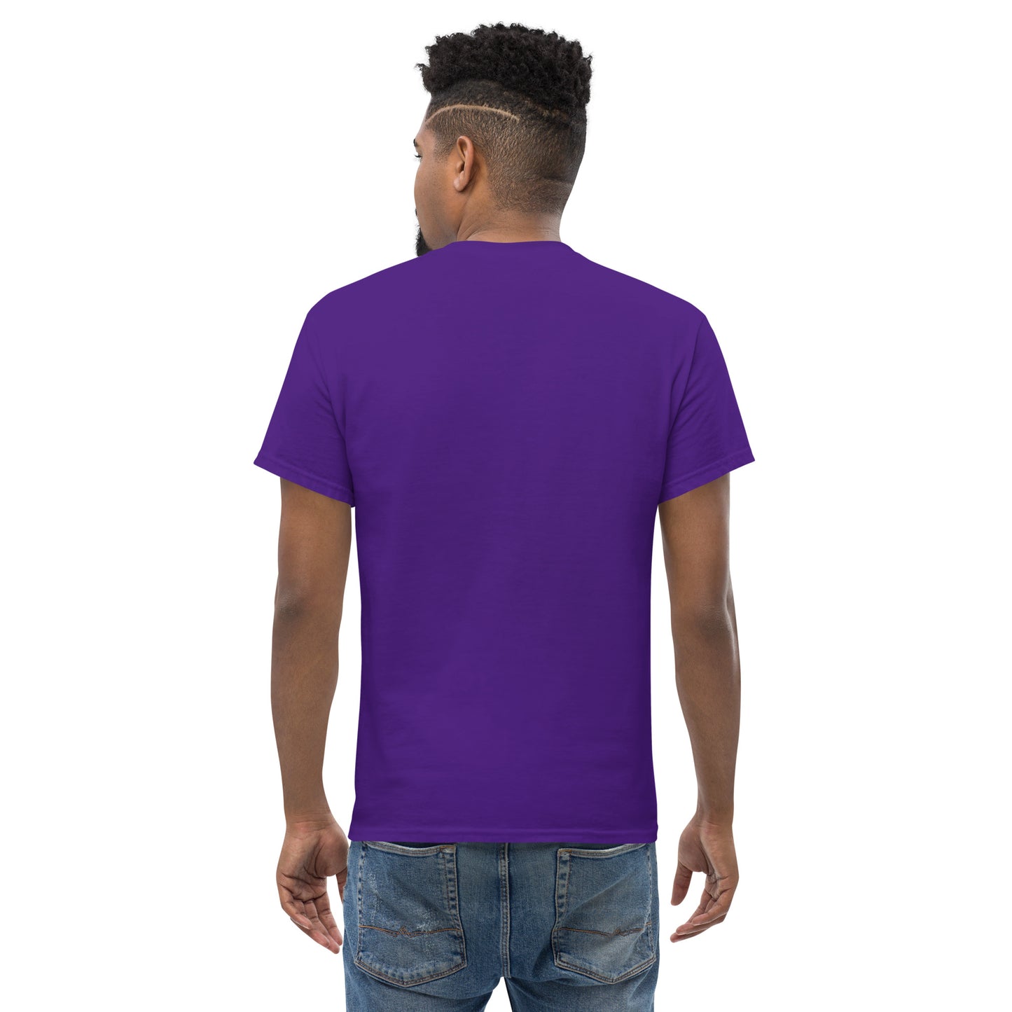 male wears purple tshirt back view