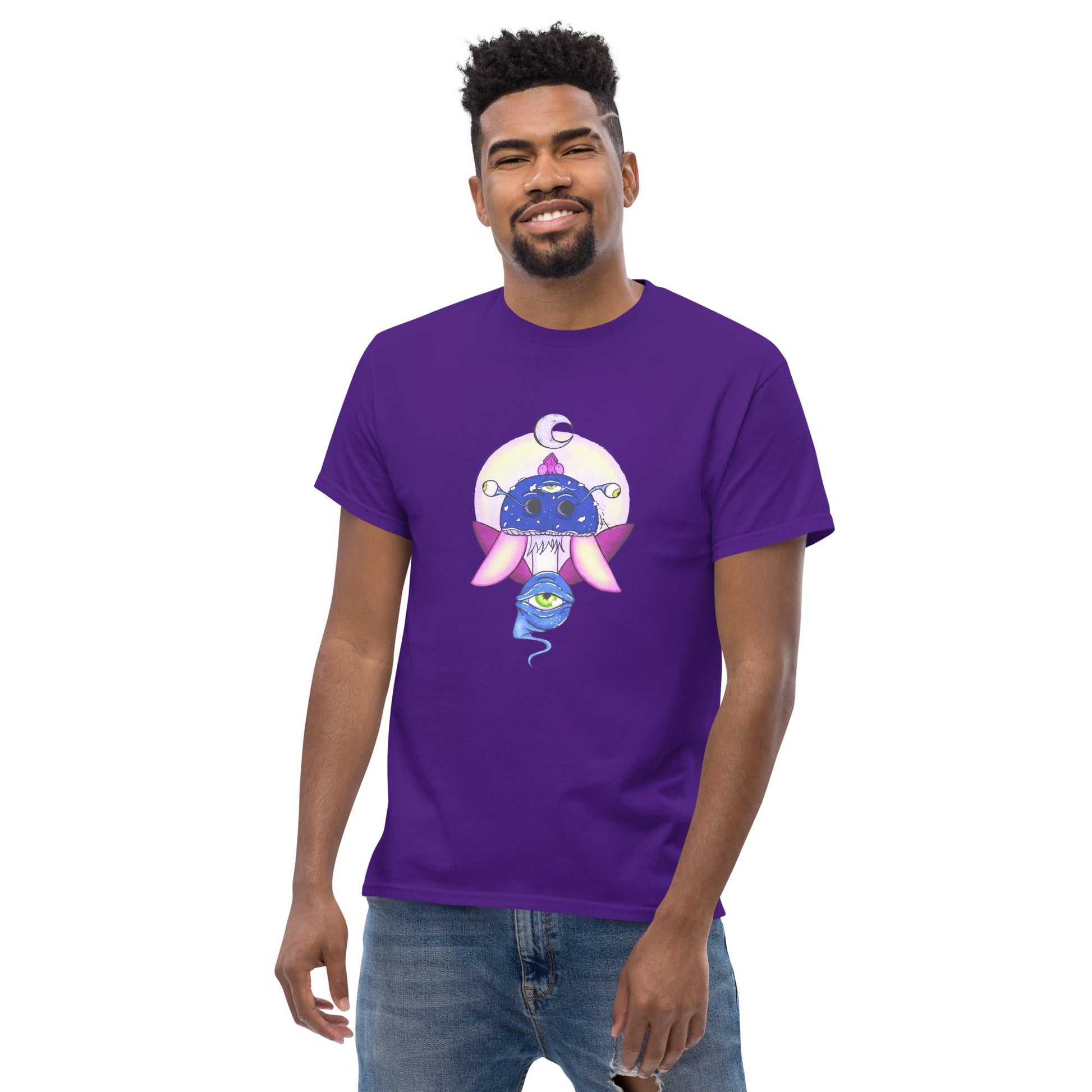 male wears purple tshirt psychedelic toadstool mushroom with eyes full moon crescent moon flying insect in winter blue and purple