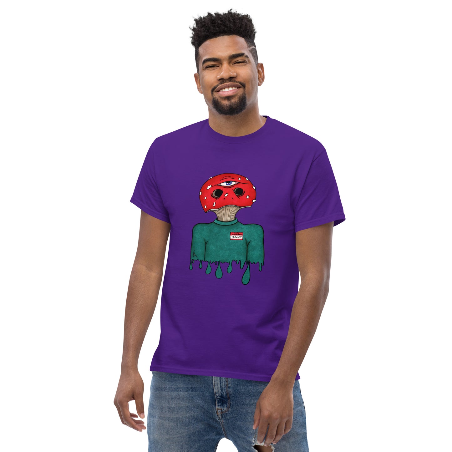 male wears trippy toadstool mushroom man named Dave printed on a purple crew neck t-shirt