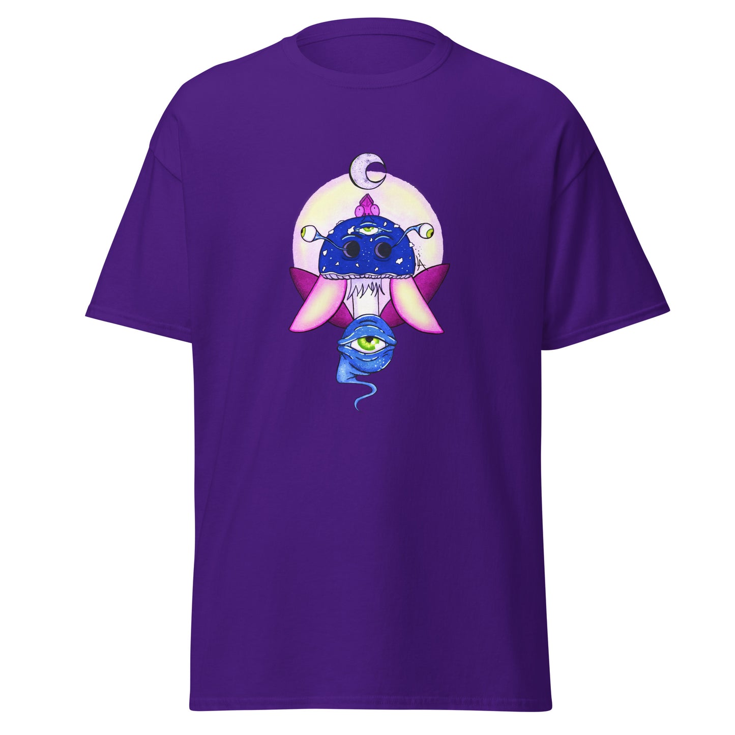 purple tshirt psychedelic toadstool mushroom with eyes full moon crescent moon flying insect in winter blue and purple