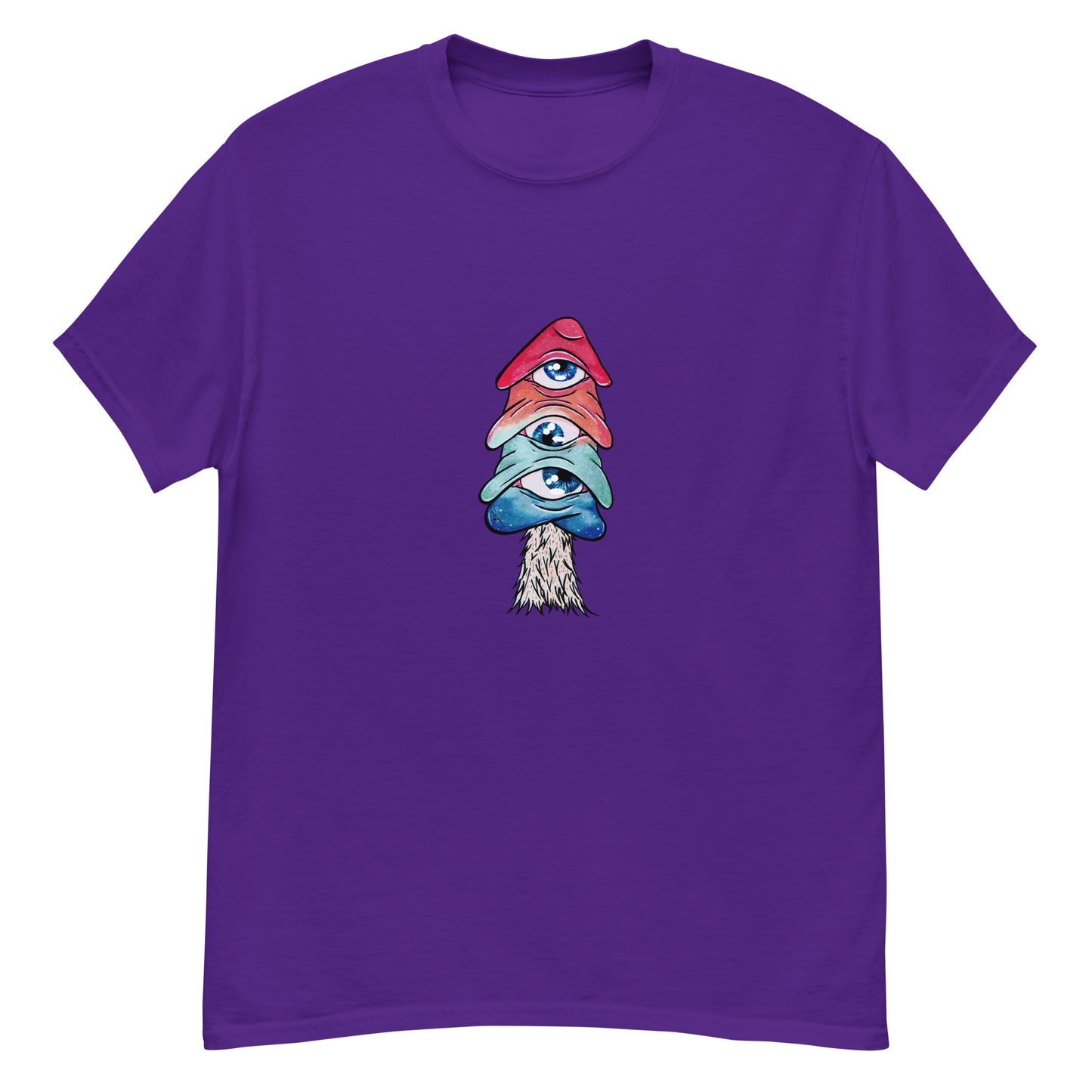 purple crew neck tshirt mushroom with 3 eyes in pink green and blue 