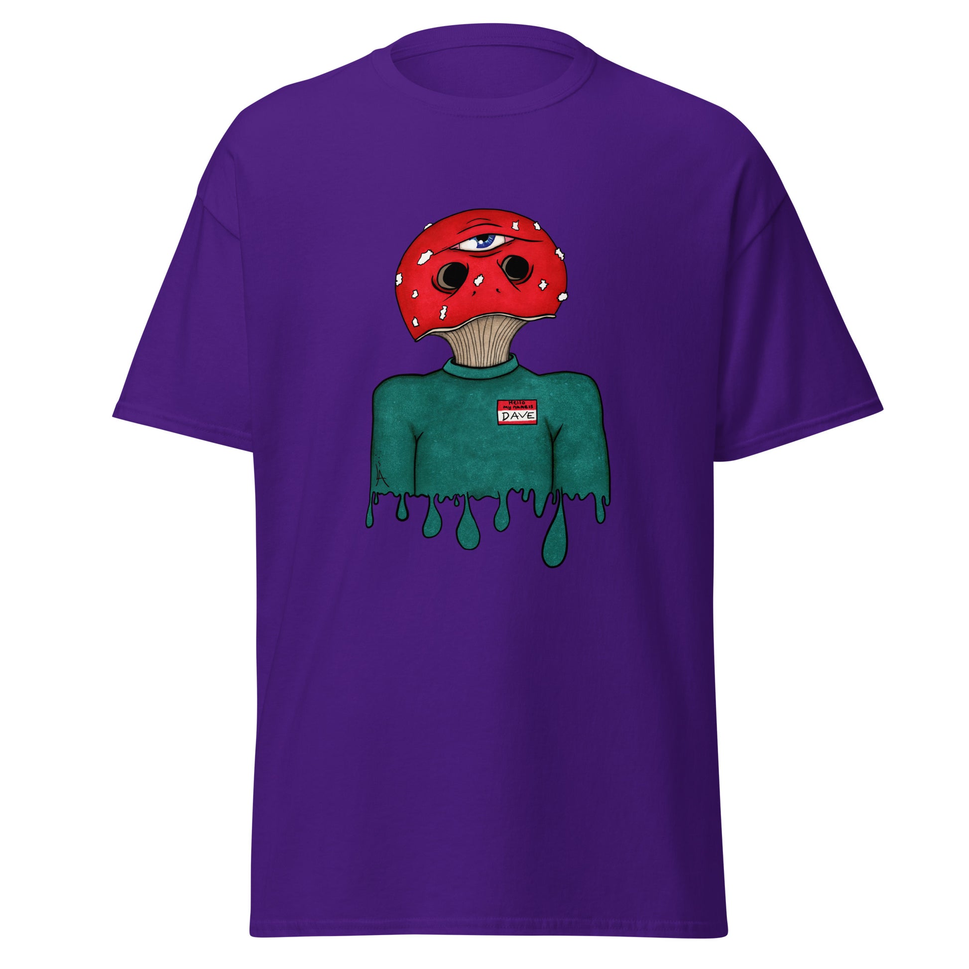 trippy toadstool mushroom man named Dave printed on a purple crew neck t-shirt