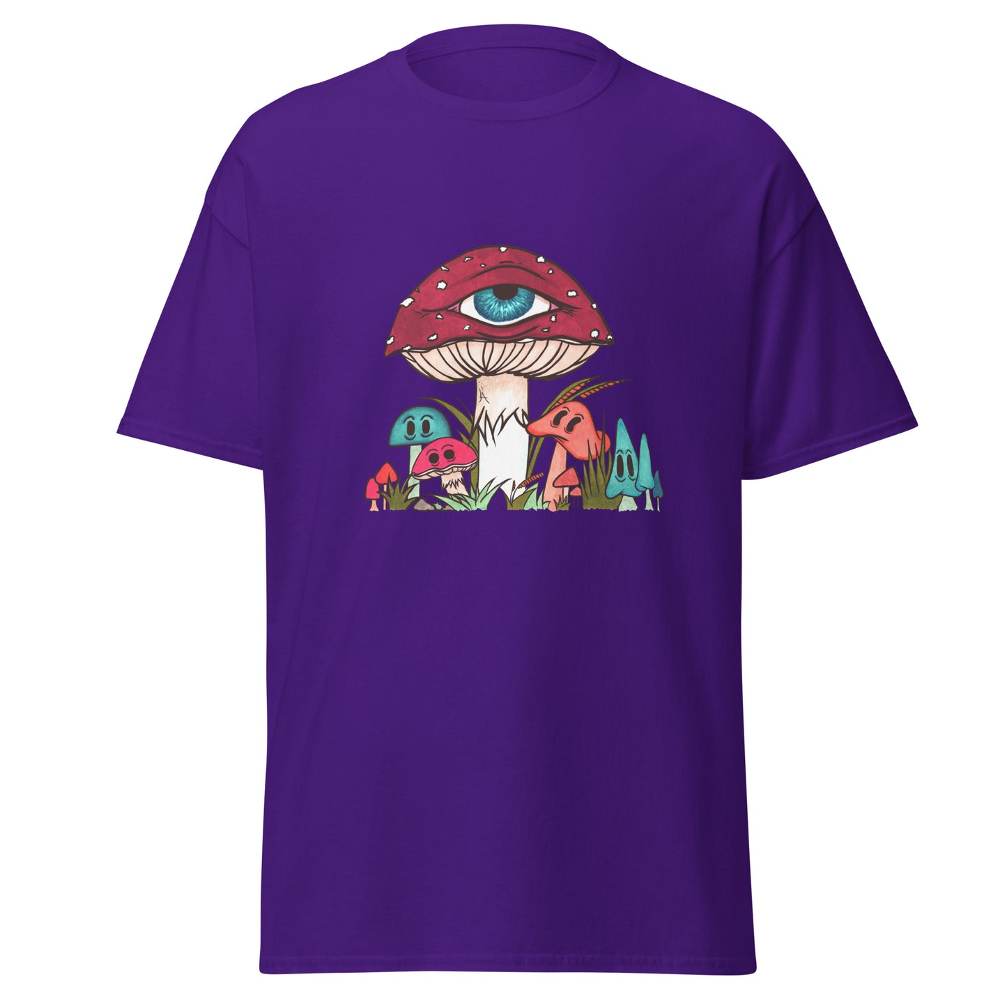 purple tshirt red and white toadstool mushroom with all seeing eye smaller surrounding blue orange and red mushrooms