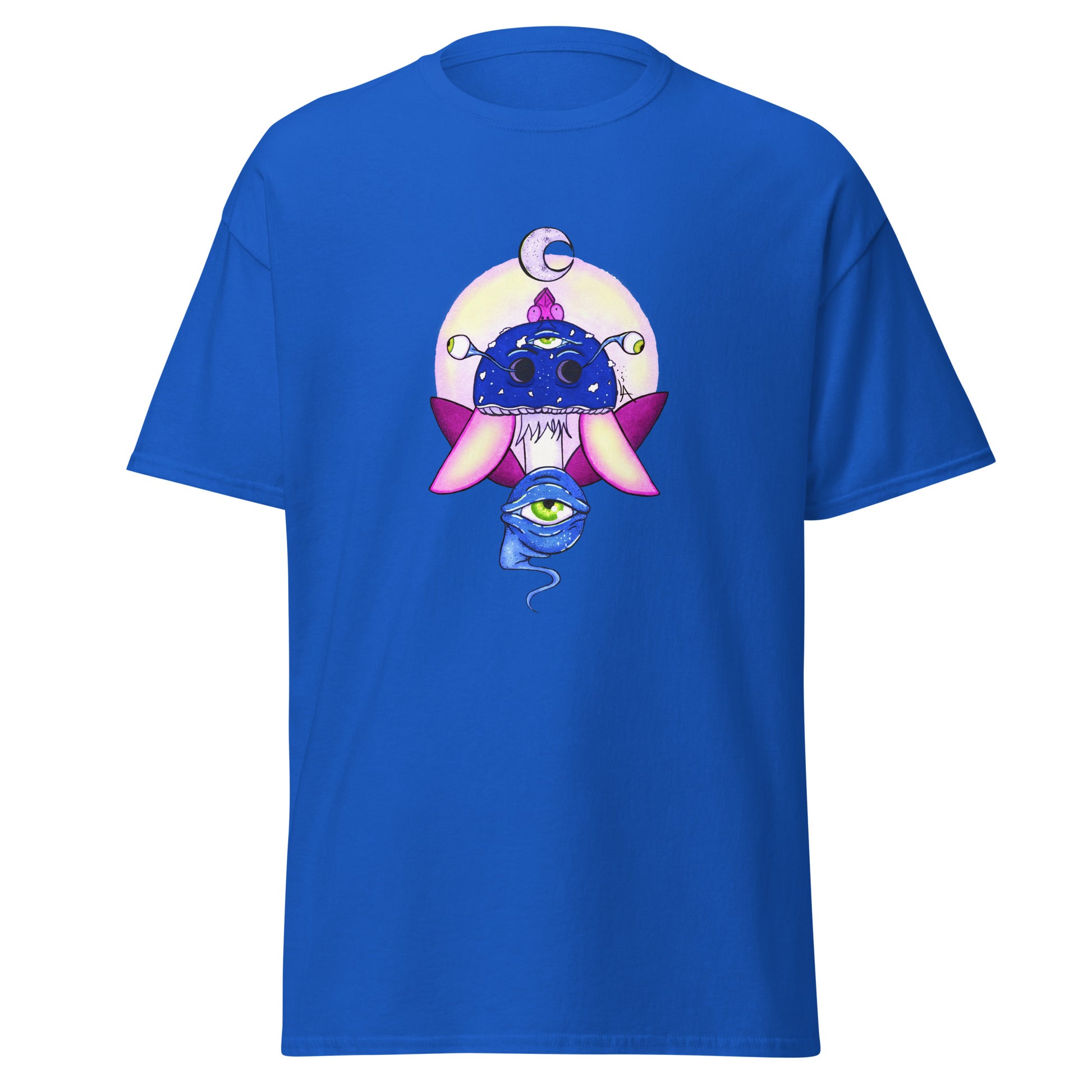 royal blue tshirt psychedelic toadstool mushroom with eyes full moon crescent moon flying insect in winter blue and purple