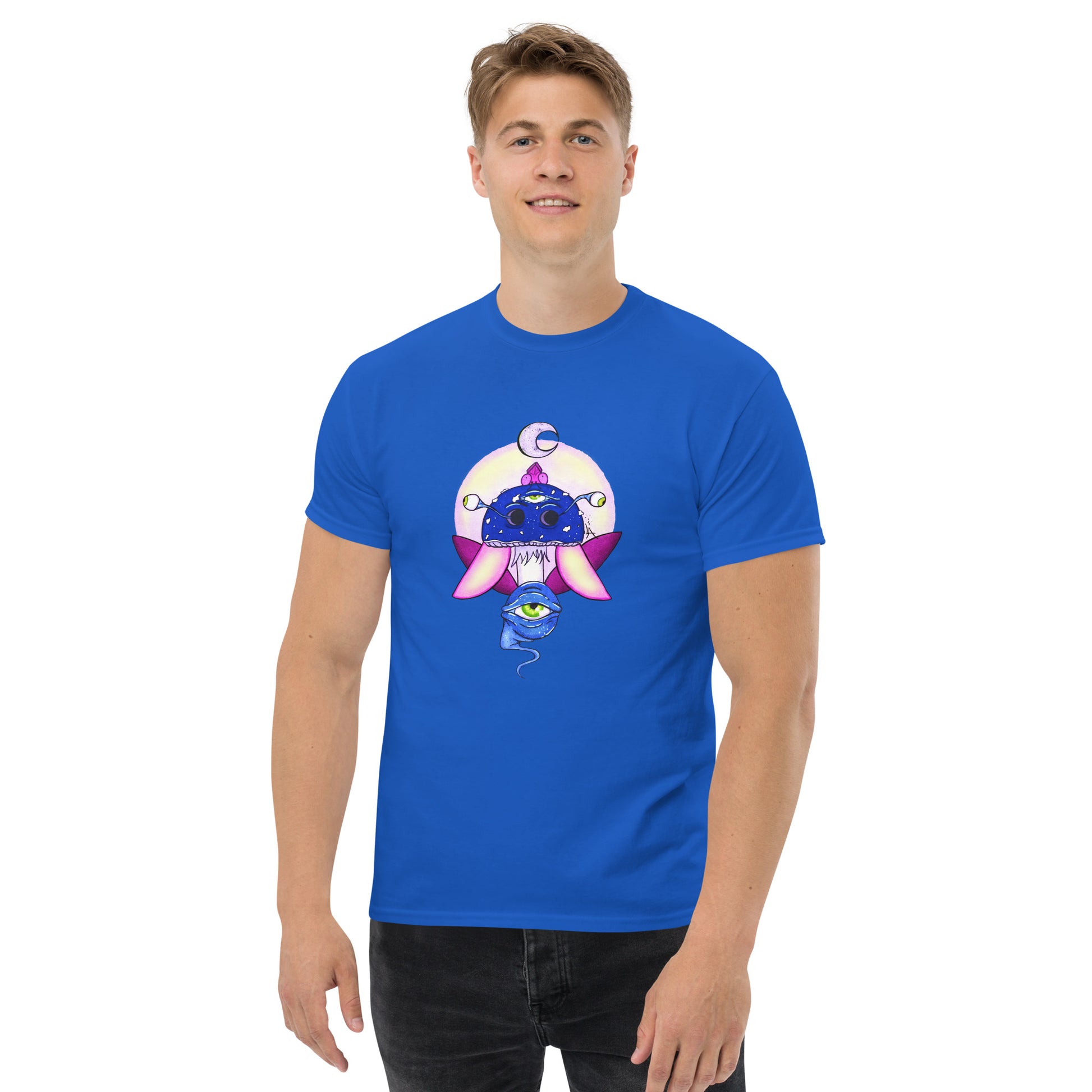 male wears royal blue tshirt psychedelic toadstool mushroom with eyes full moon crescent moon flying insect in winter blue and purple