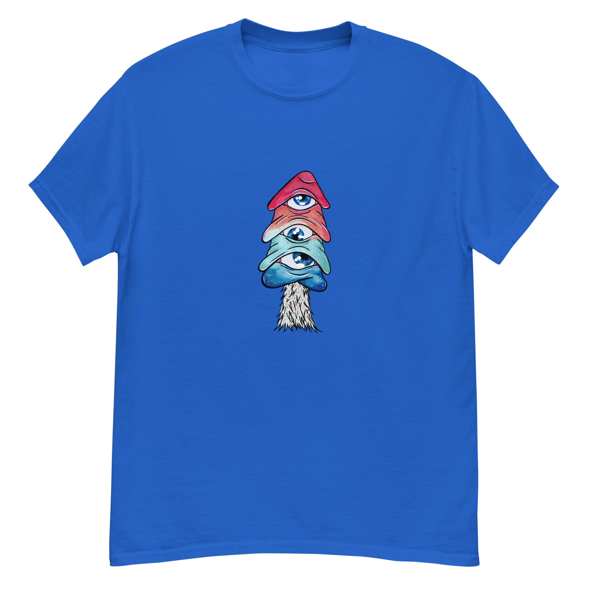 royal blue crew neck tshirt mushroom with 3 eyes in pink green and blue 